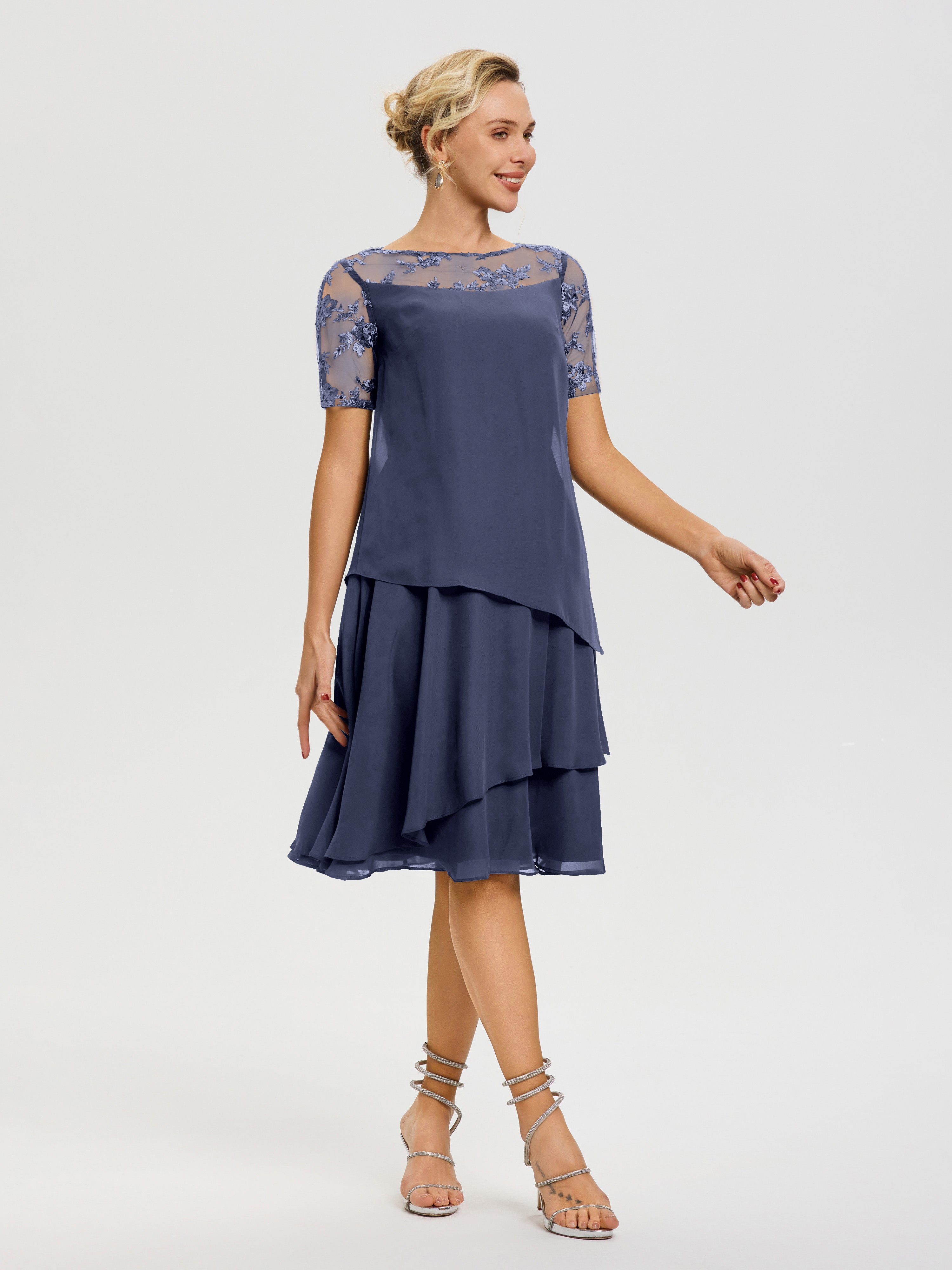 Robe Mère De La Mariee Orageux Col Rond Mancherons Mousseline & Dentelle Robe De Cérémonie Mère Du Marié