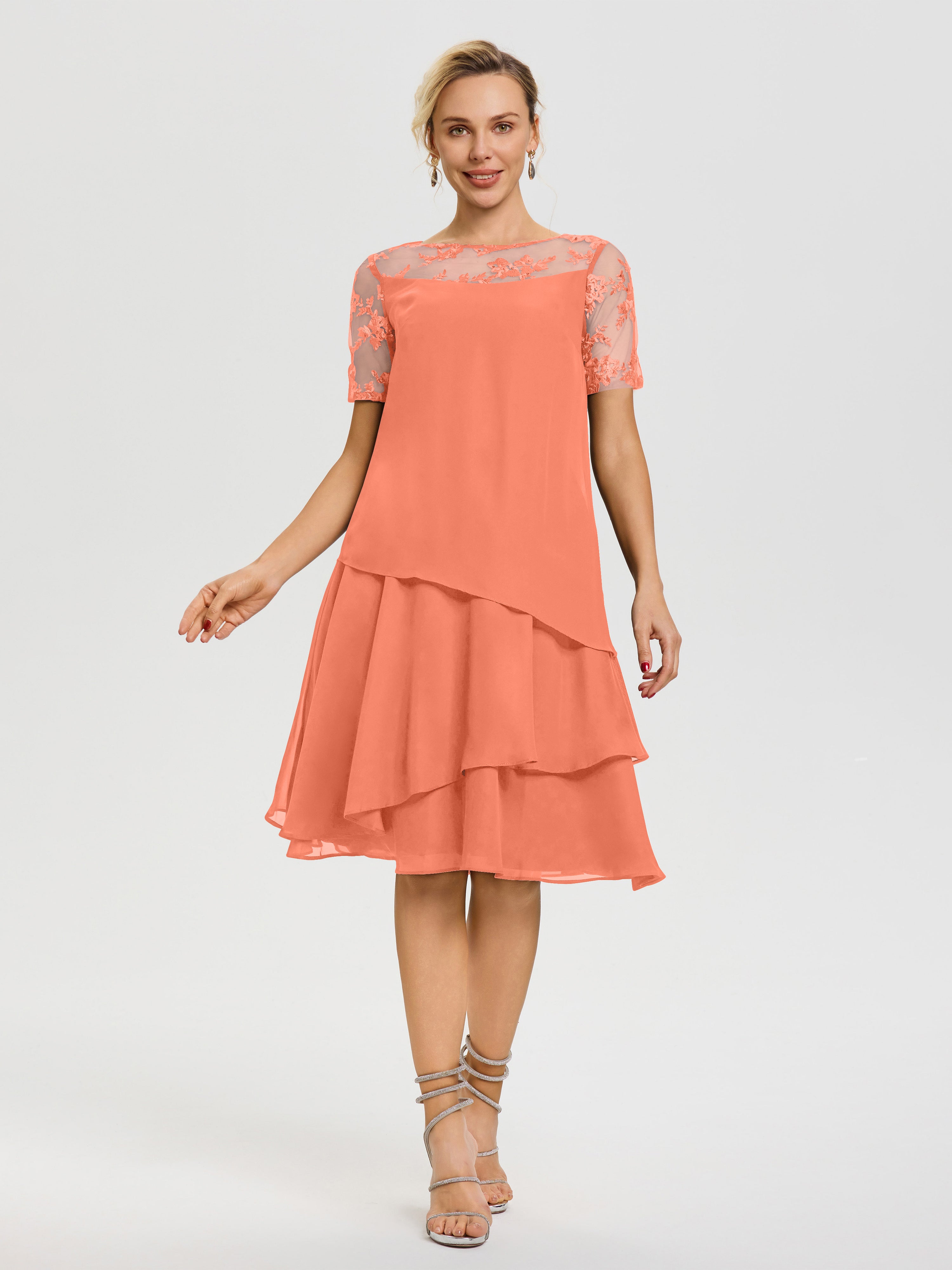 Robe Mère De La Mariee Coucher De Soleil Col Rond Mancherons Mousseline & Dentelle Robe De Cérémonie Mère Du Marié