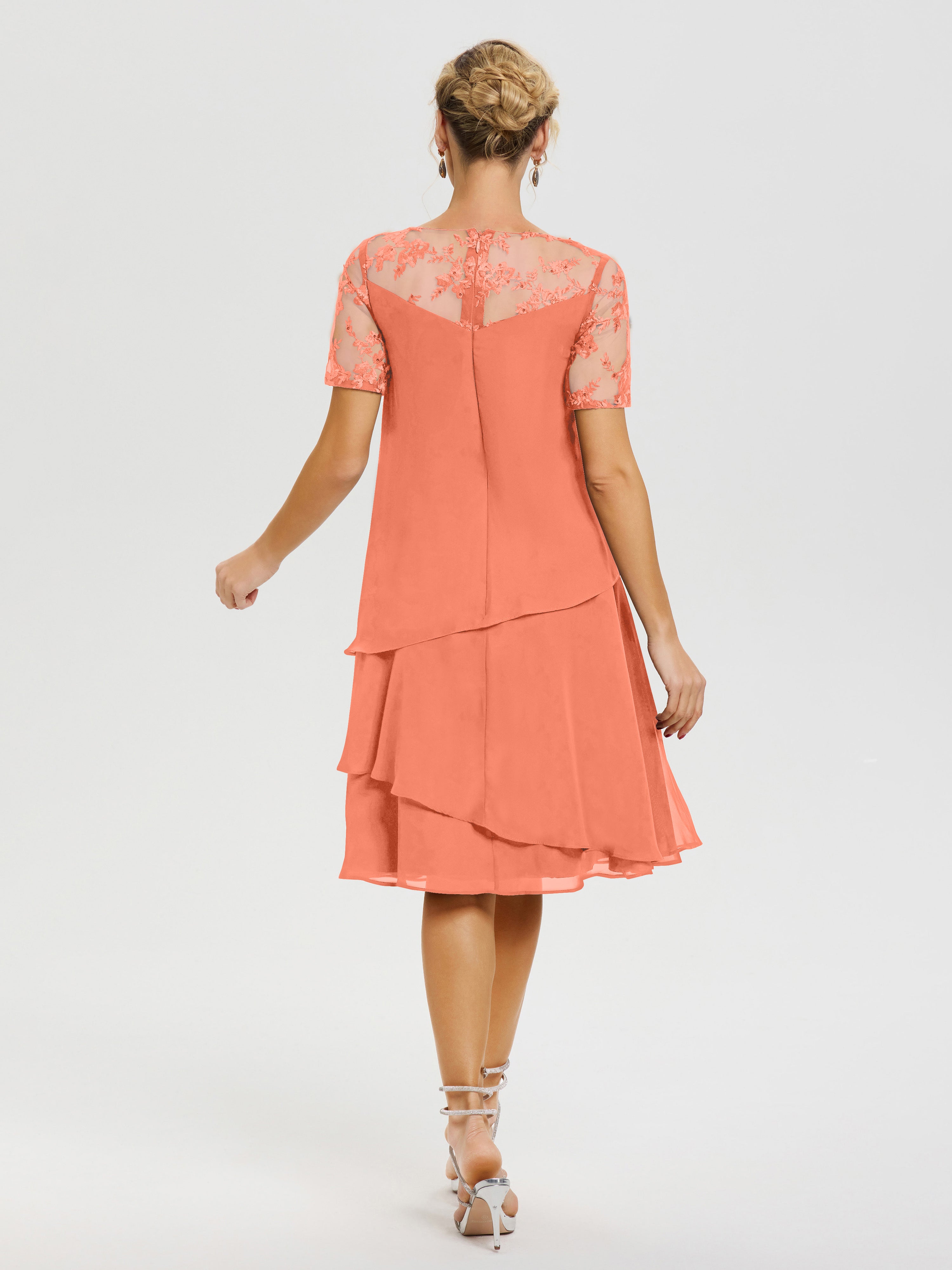 Robe Mère De La Mariee Coucher De Soleil Col Rond Mancherons Mousseline & Dentelle Robe De Cérémonie Mère Du Marié