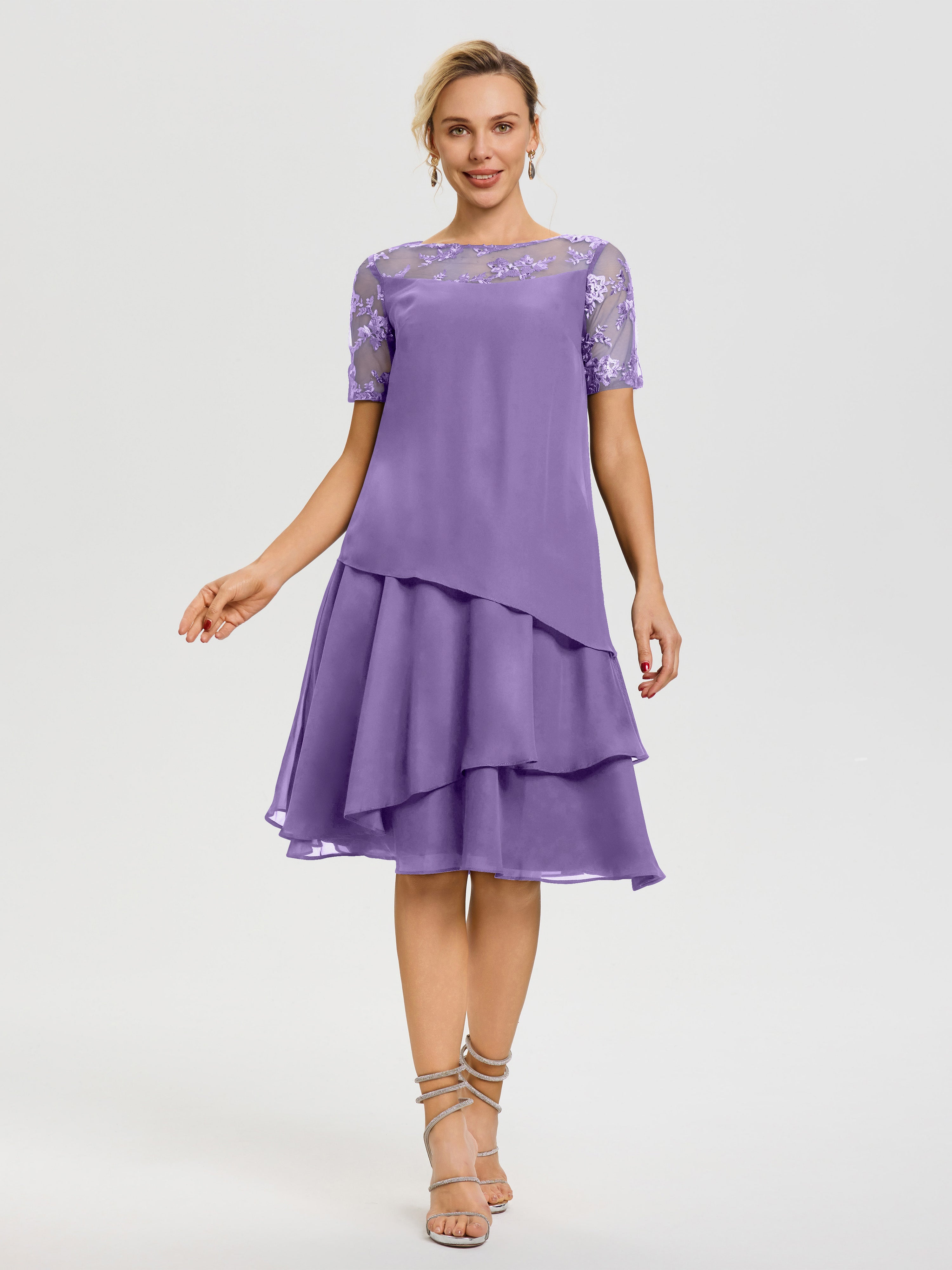 Robe De Mère De La Mariée Tahiti Col Rond Mancherons Mousseline & Dentelle Robe De Cérémonie Mère Du Marié