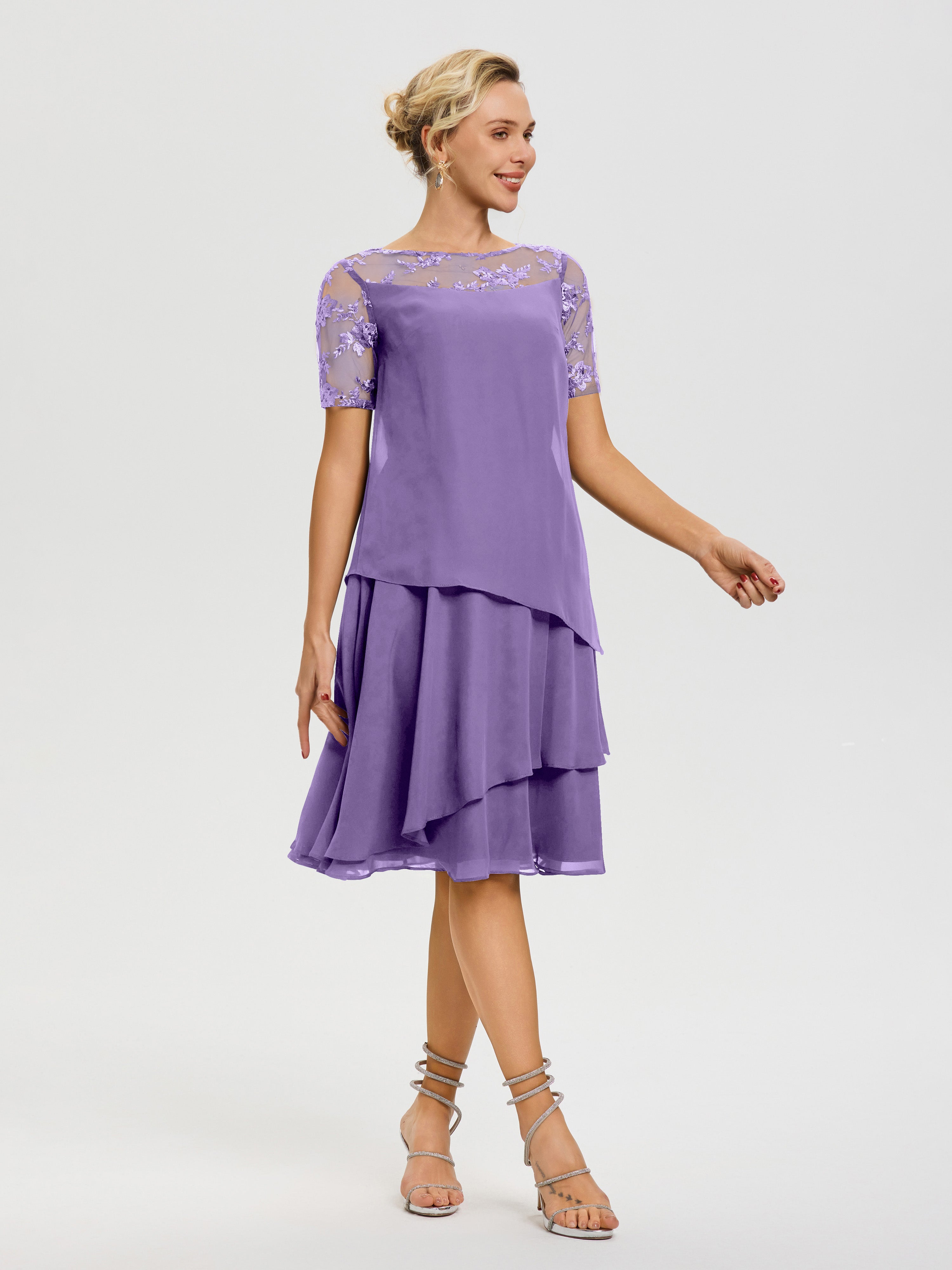 Robe De Mère De La Mariée Tahiti Col Rond Mancherons Mousseline & Dentelle Robe De Cérémonie Mère Du Marié