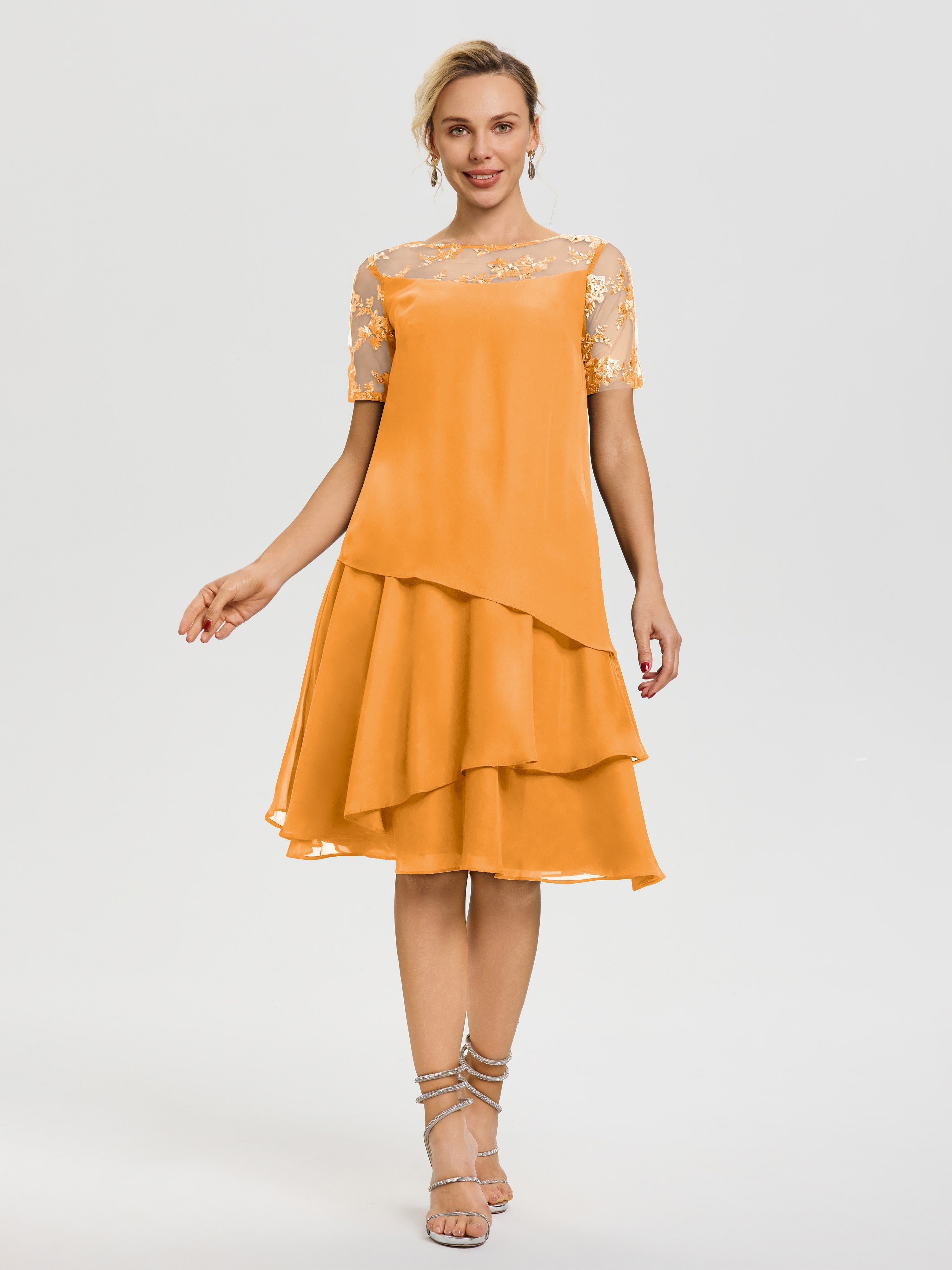 Robe Mère De La Mariee Mandarine Col Rond Mancherons Mousseline & Dentelle Robe De Cérémonie Mère Du Marié