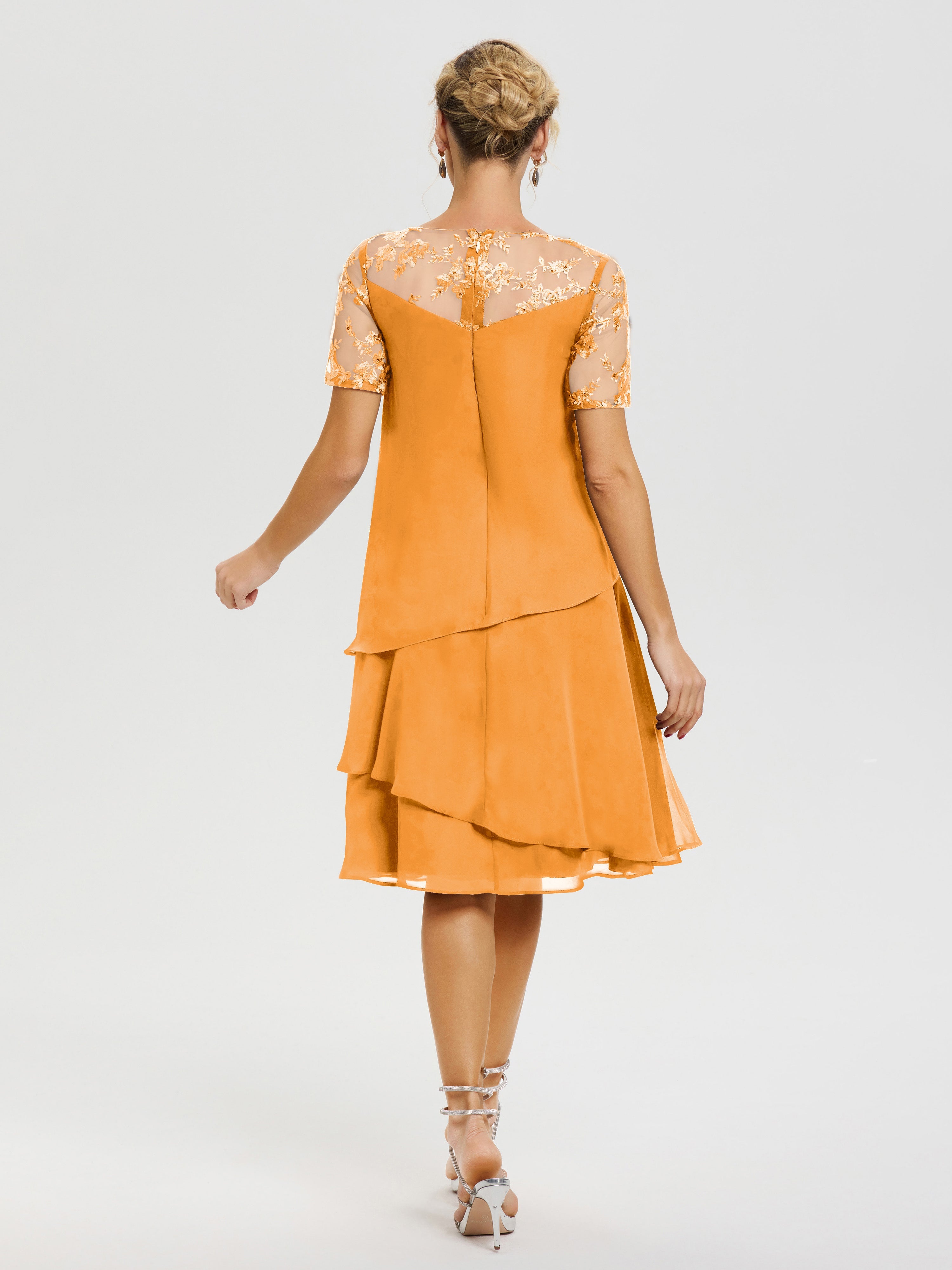 Robe Mère De La Mariee Mandarine Col Rond Mancherons Mousseline & Dentelle Robe De Cérémonie Mère Du Marié