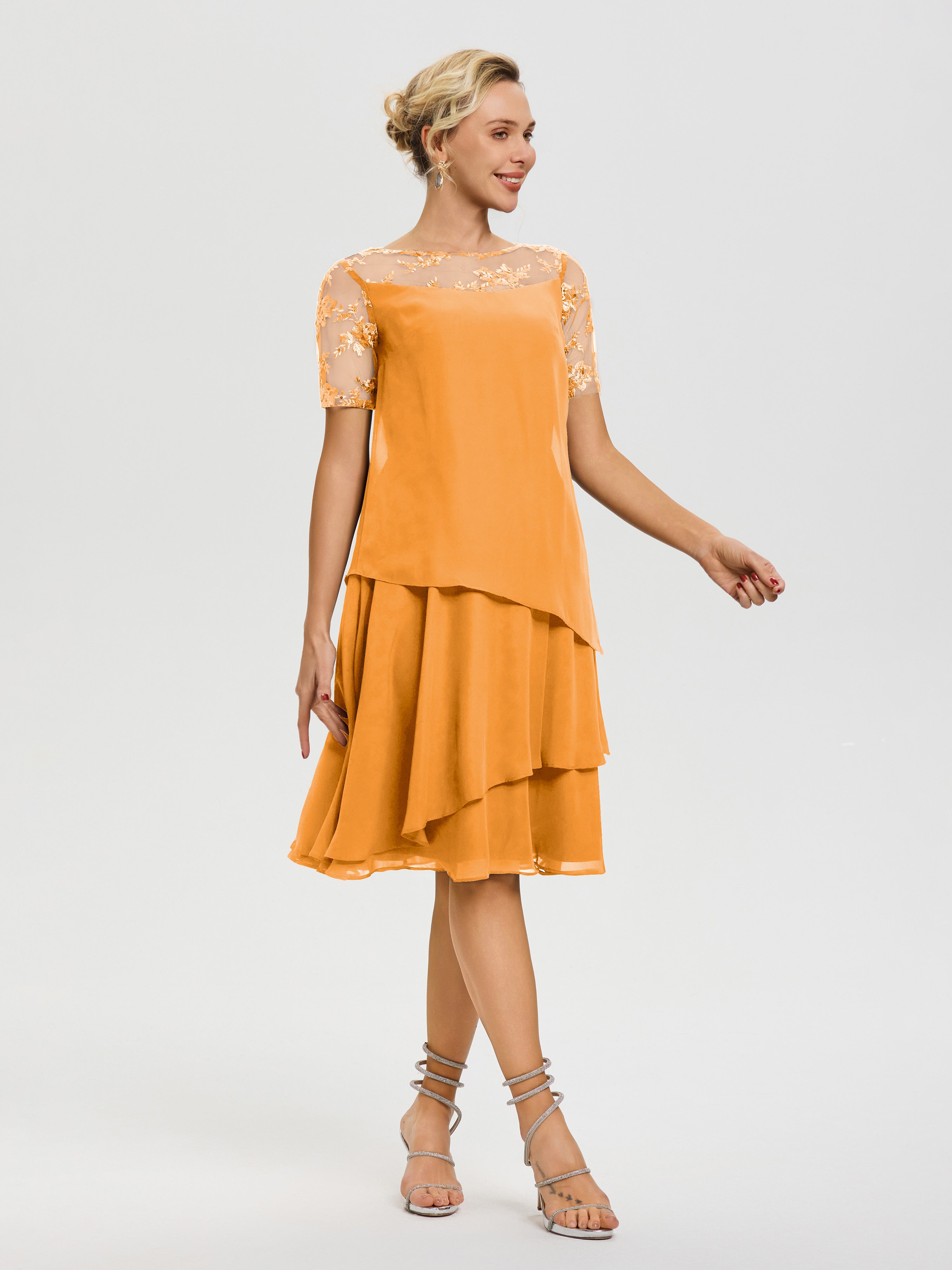 Robe Mère De La Mariee Mandarine Col Rond Mancherons Mousseline & Dentelle Robe De Cérémonie Mère Du Marié