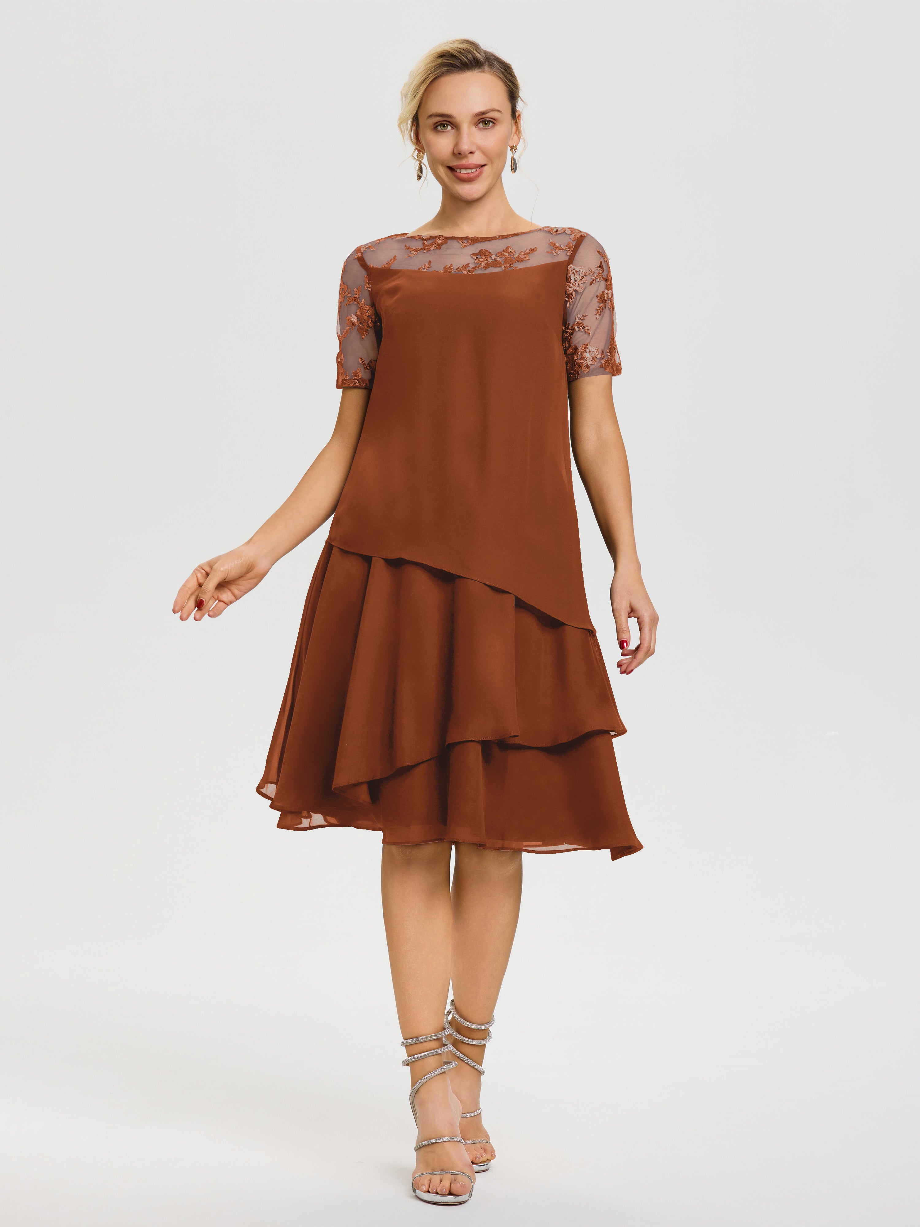 Robe Mere De La Mariee Terracotta Col Rond Mancherons Mousseline & Dentelle Robe De Cérémonie Mère Du Marié