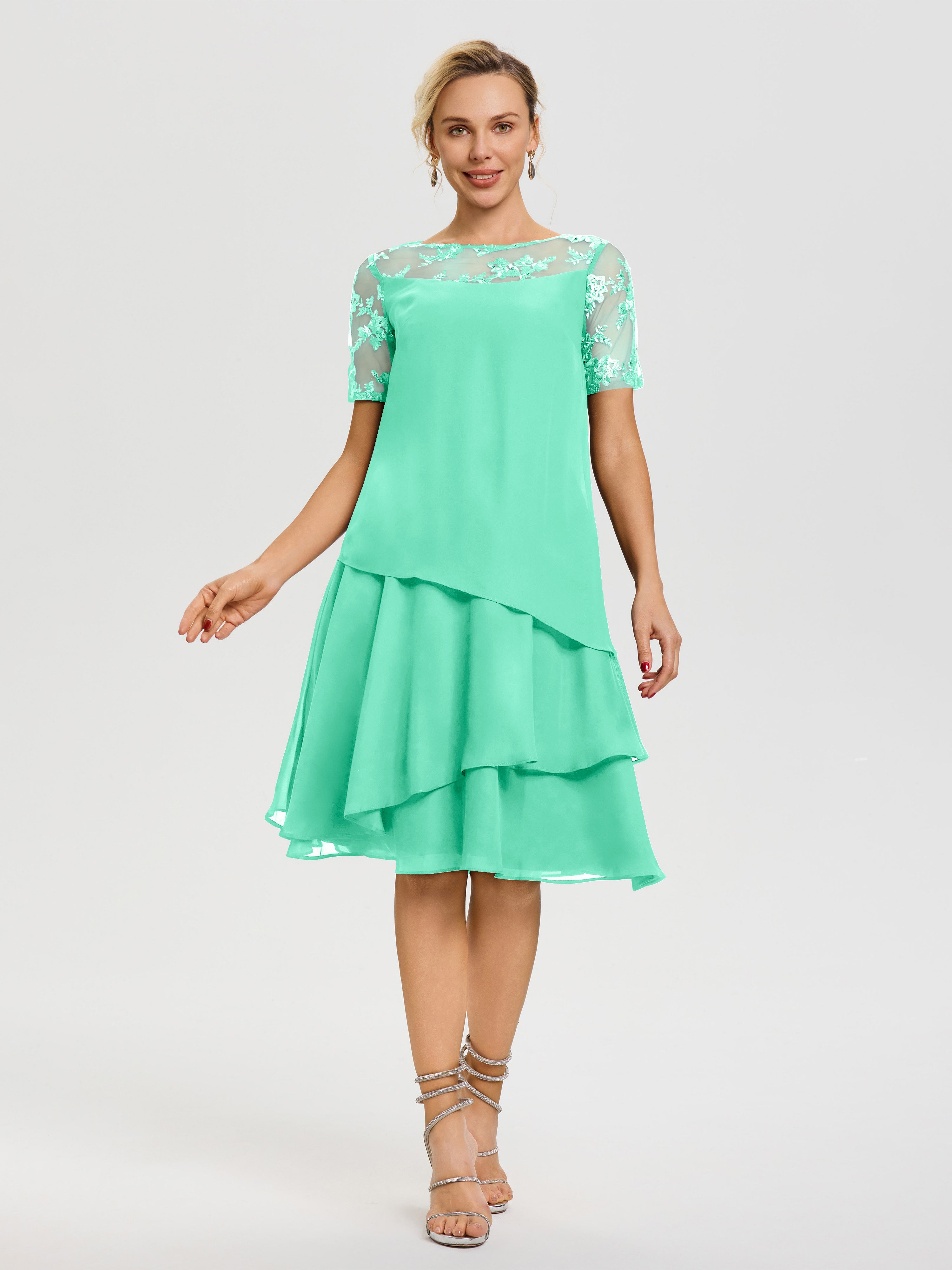 Robe De Mère De La Mariée Turquoise Col Rond Mancherons Mousseline & Dentelle Robe De Cérémonie Mère Du Marié