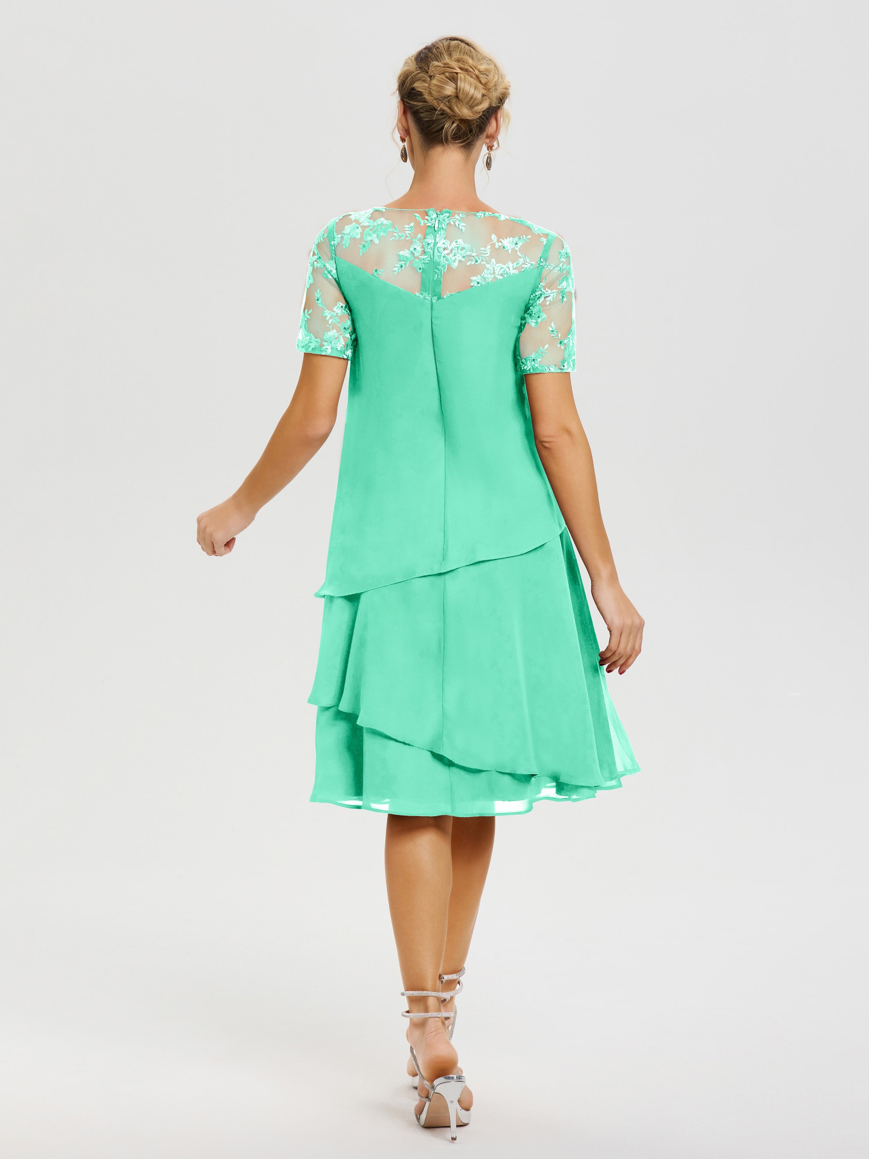 Robe De Mère De La Mariée Turquoise Col Rond Mancherons Mousseline & Dentelle Robe De Cérémonie Mère Du Marié