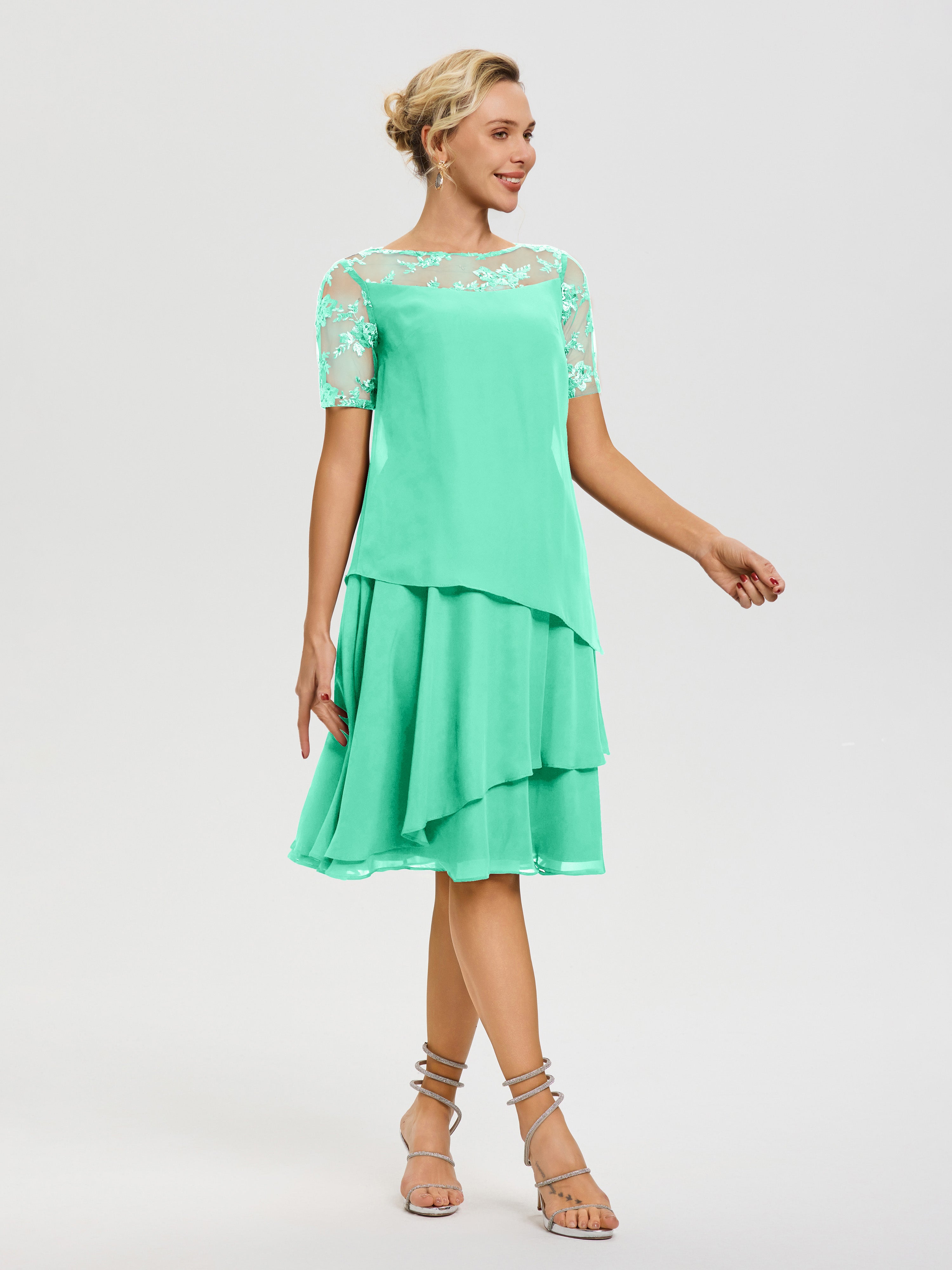 Robe De Mère De La Mariée Turquoise Col Rond Mancherons Mousseline & Dentelle Robe De Cérémonie Mère Du Marié