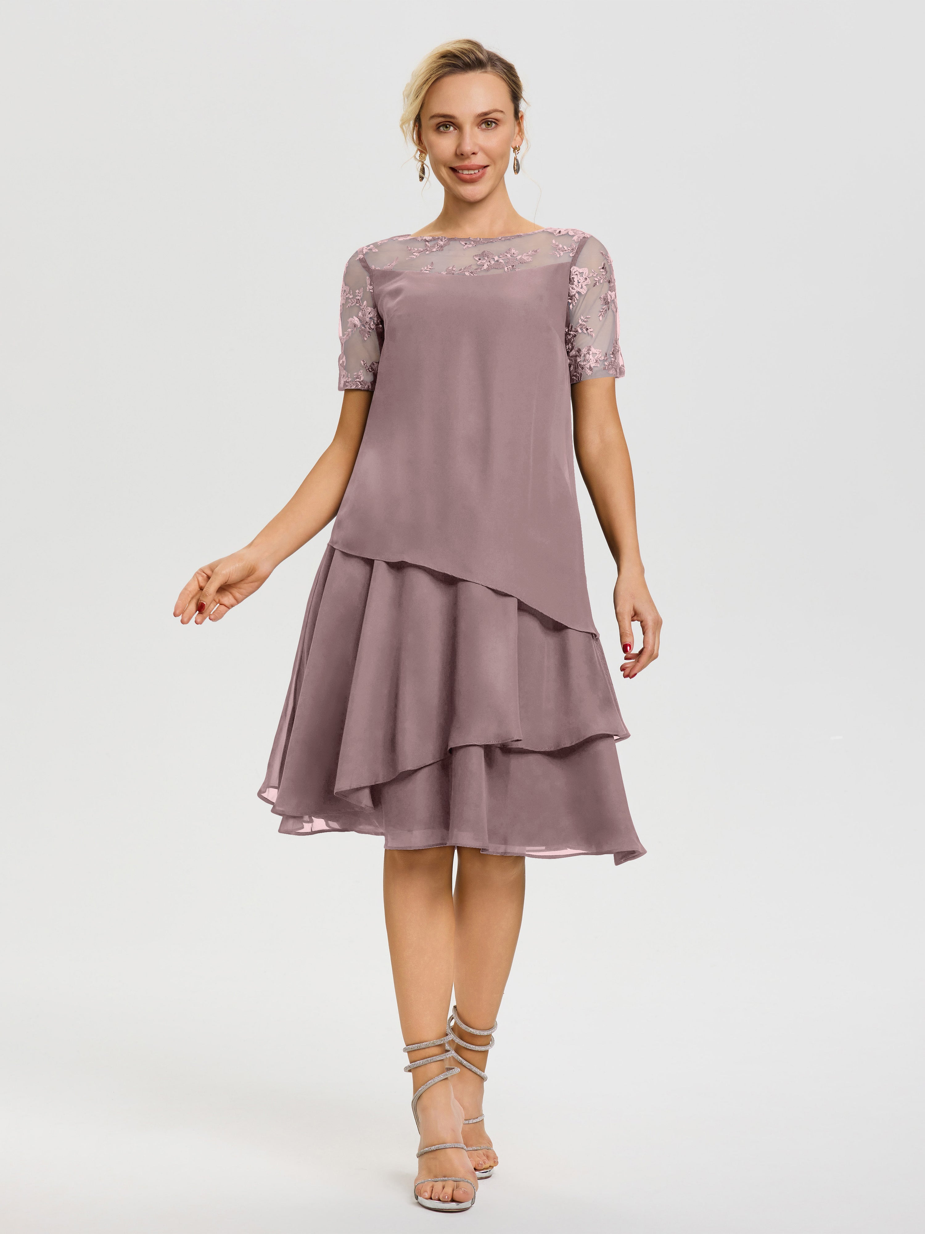 Robe De Mère De La Mariée Vintage Mauve Col Rond Mancherons Mousseline & Dentelle Robe De Cérémonie Mère Du Marié