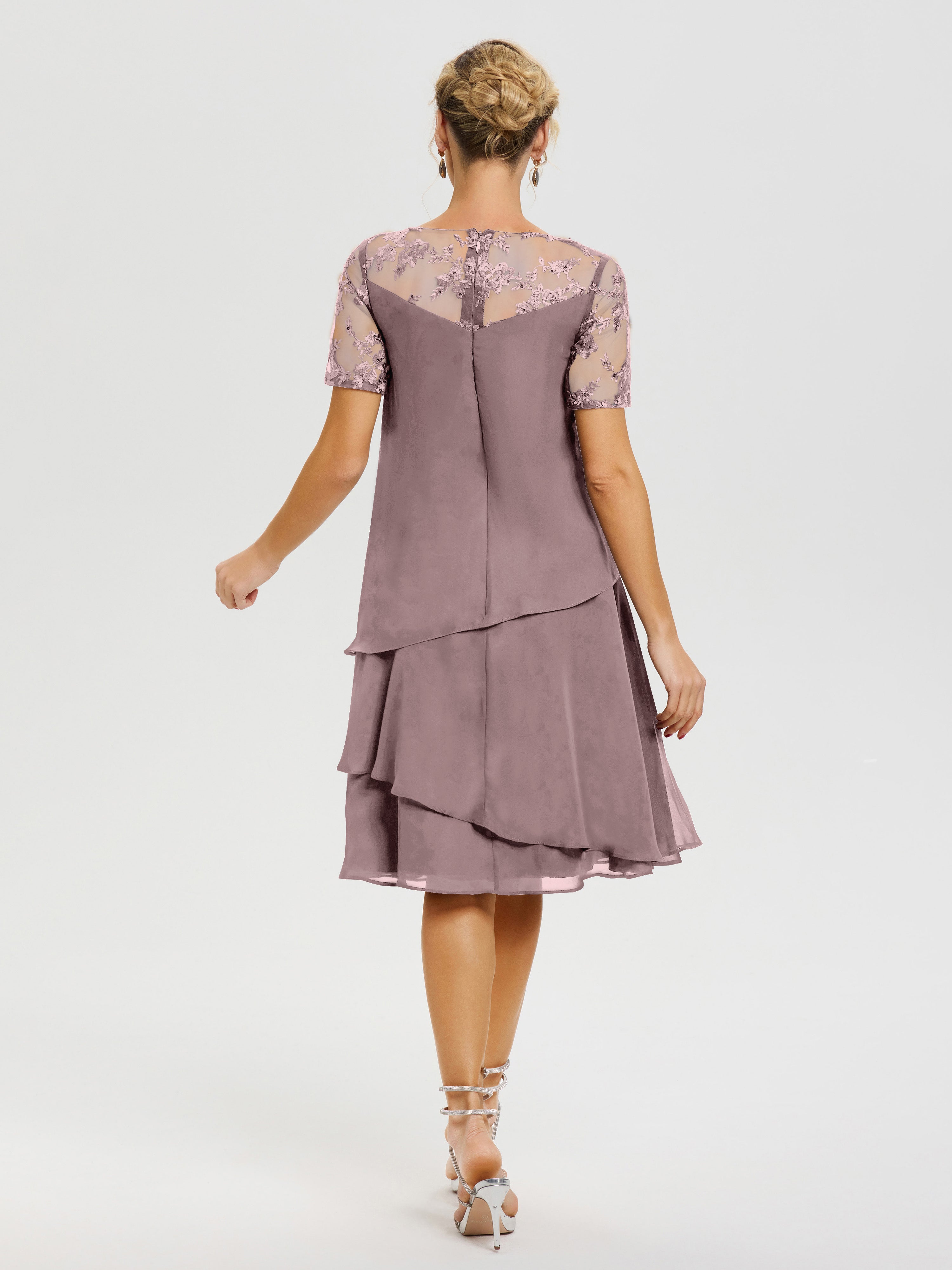 Robe De Mère De La Mariée Vintage Mauve Col Rond Mancherons Mousseline & Dentelle Robe De Cérémonie Mère Du Marié