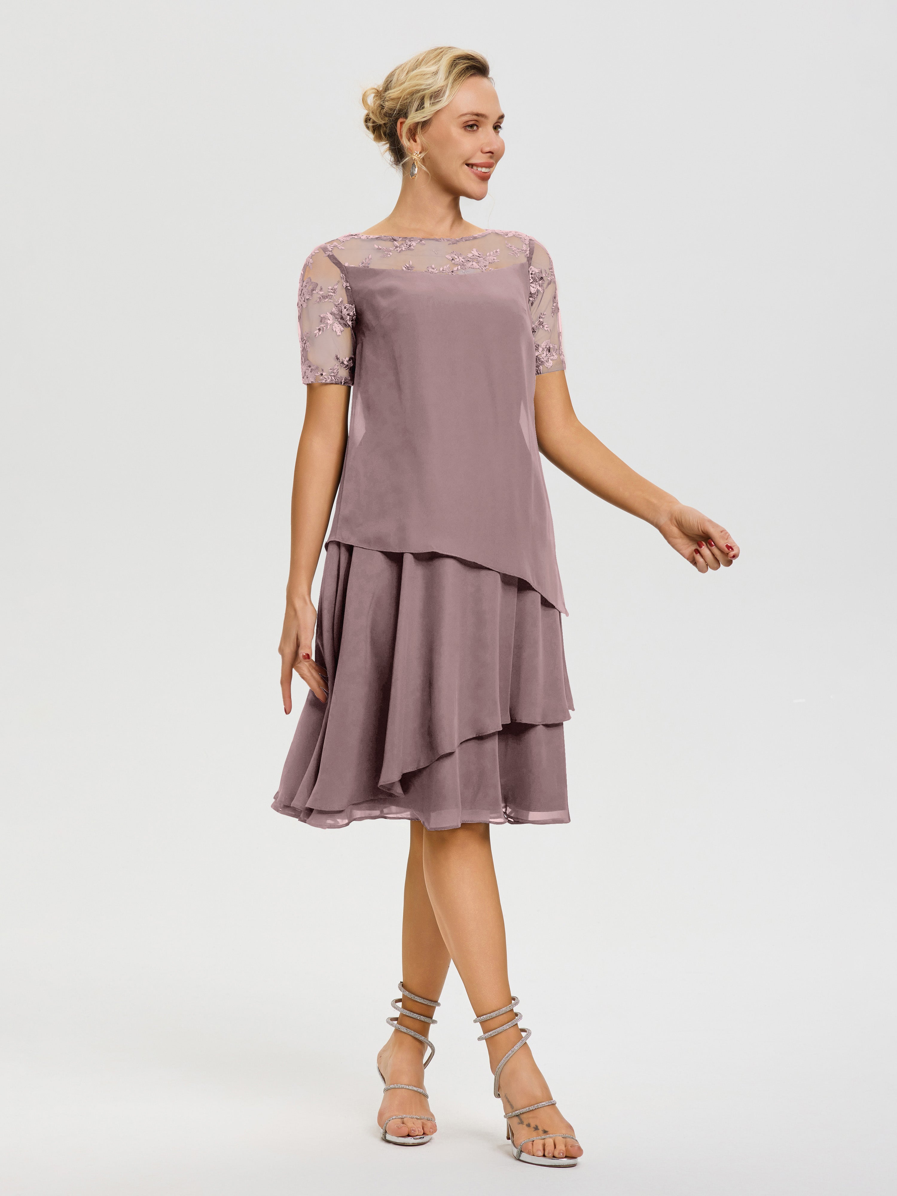 Robe De Mère De La Mariée Vintage Mauve Col Rond Mancherons Mousseline & Dentelle Robe De Cérémonie Mère Du Marié