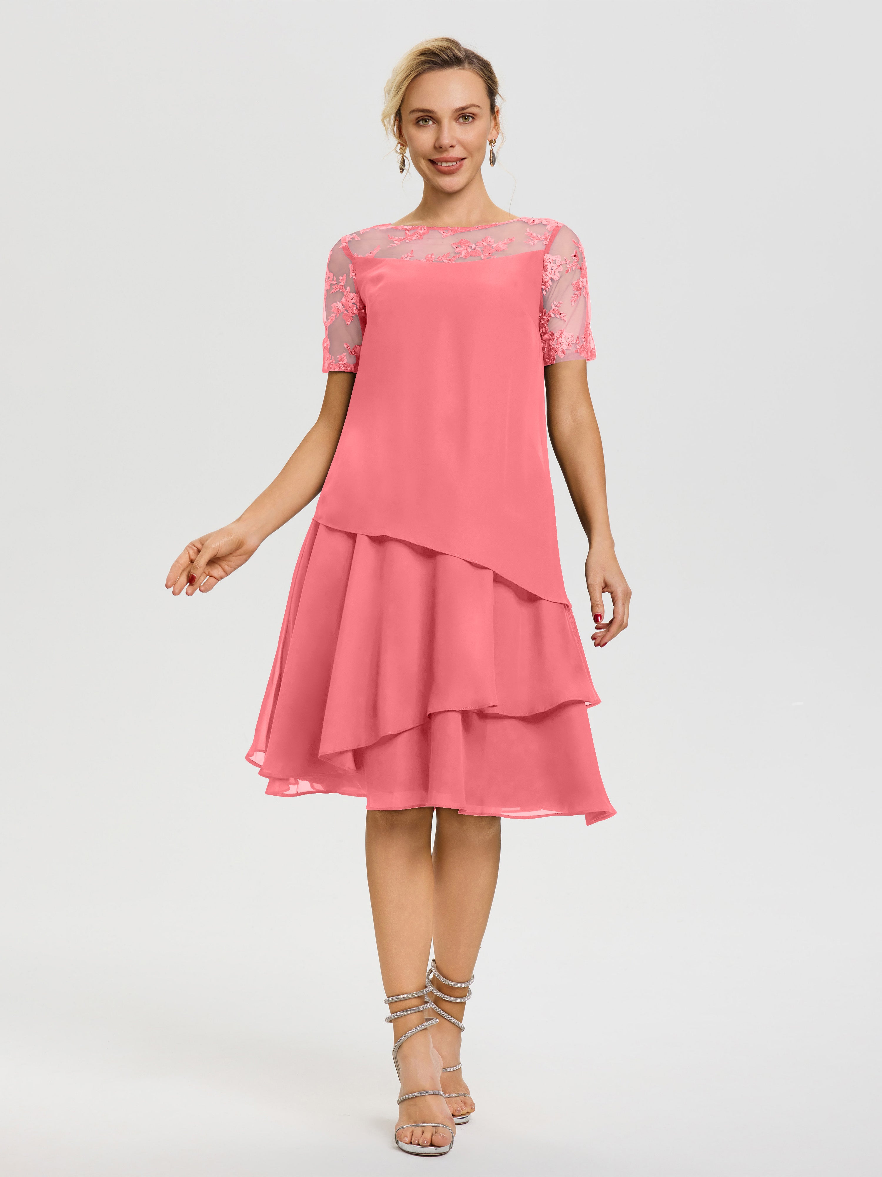 Robe De La Mère Du Marié Pastèque Col Rond Mancherons Mousseline & Dentelle Robe De Cérémonie Mère Du Marié