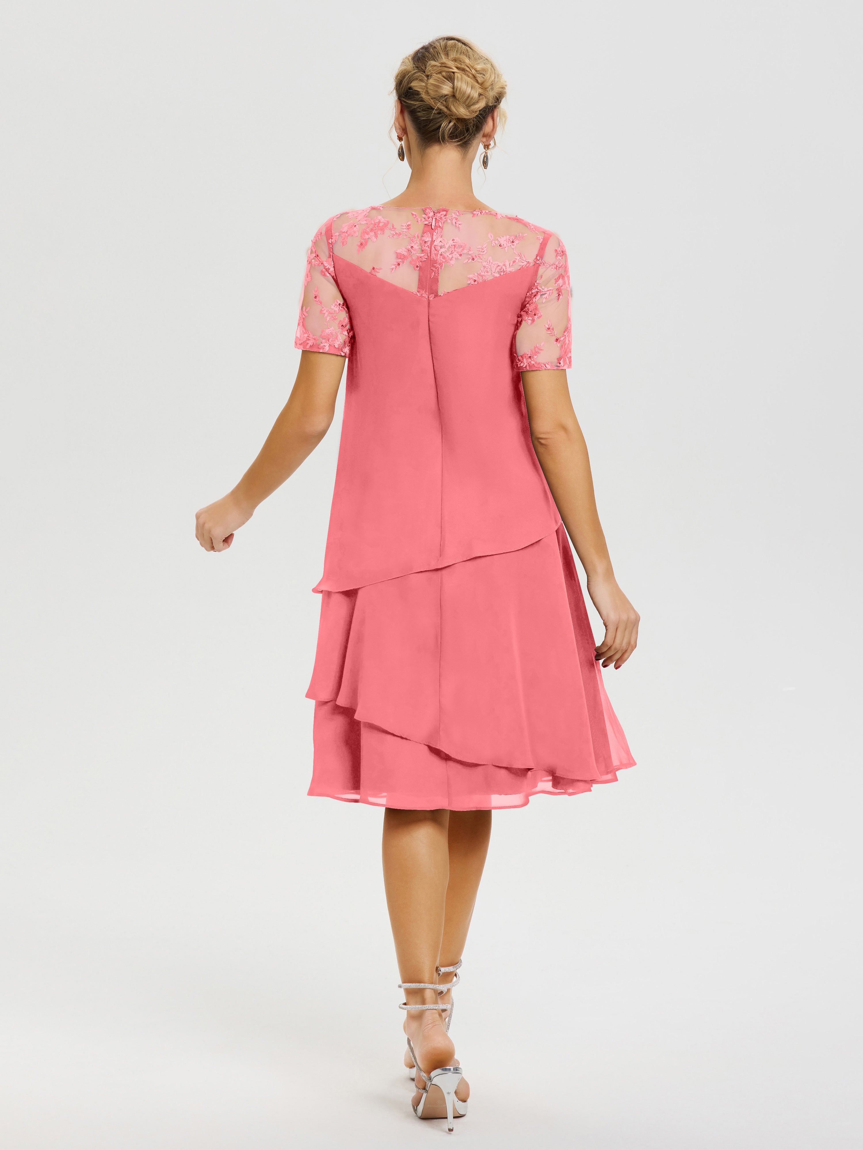 Robe De La Mère Du Marié Pastèque Col Rond Mancherons Mousseline & Dentelle Robe De Cérémonie Mère Du Marié