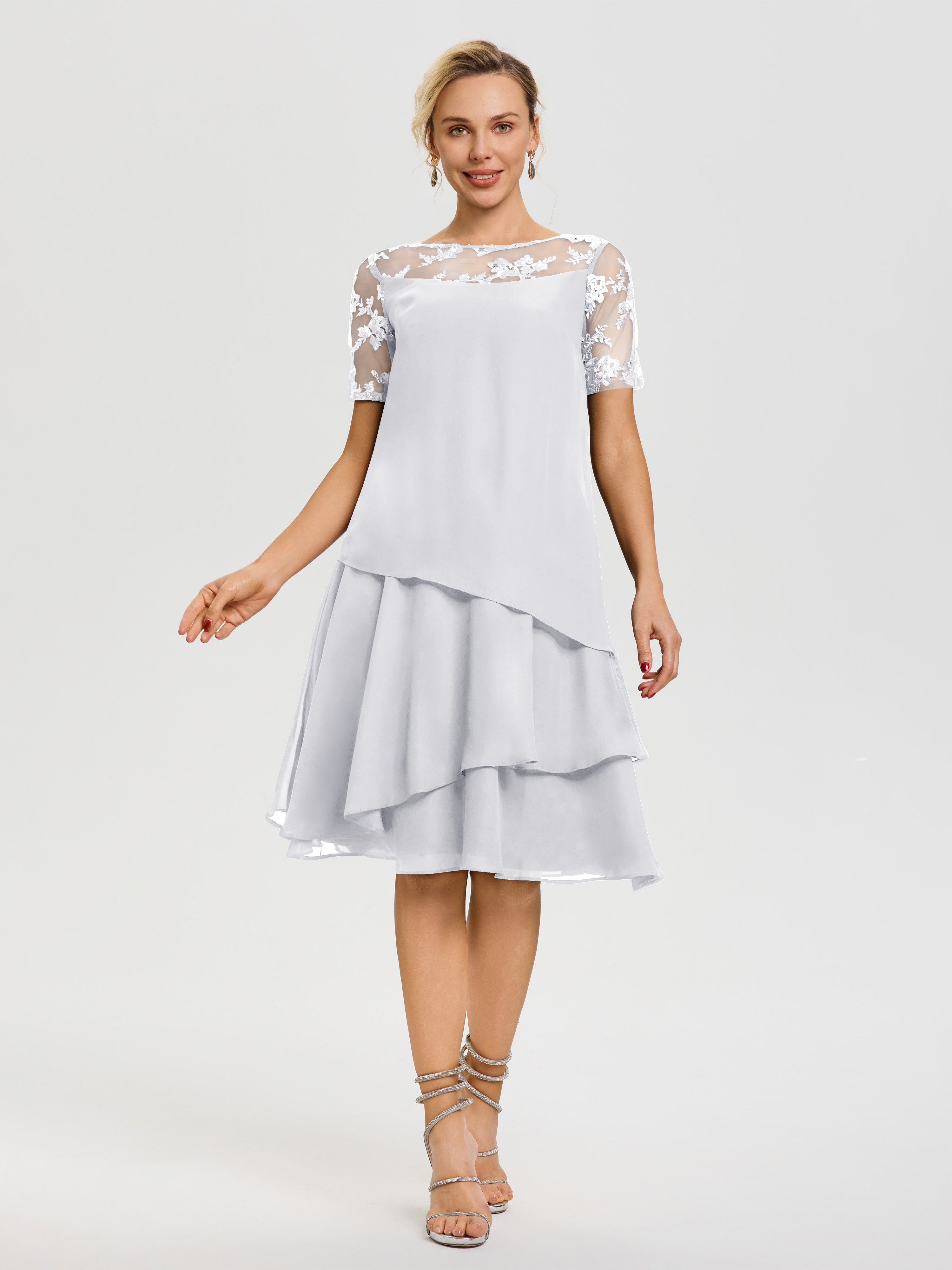 Cicinia Robe Mère De La Mariée Blanc Col Rond Mancherons Mousseline & Dentelle Robe De Cérémonie Mère Du Marié