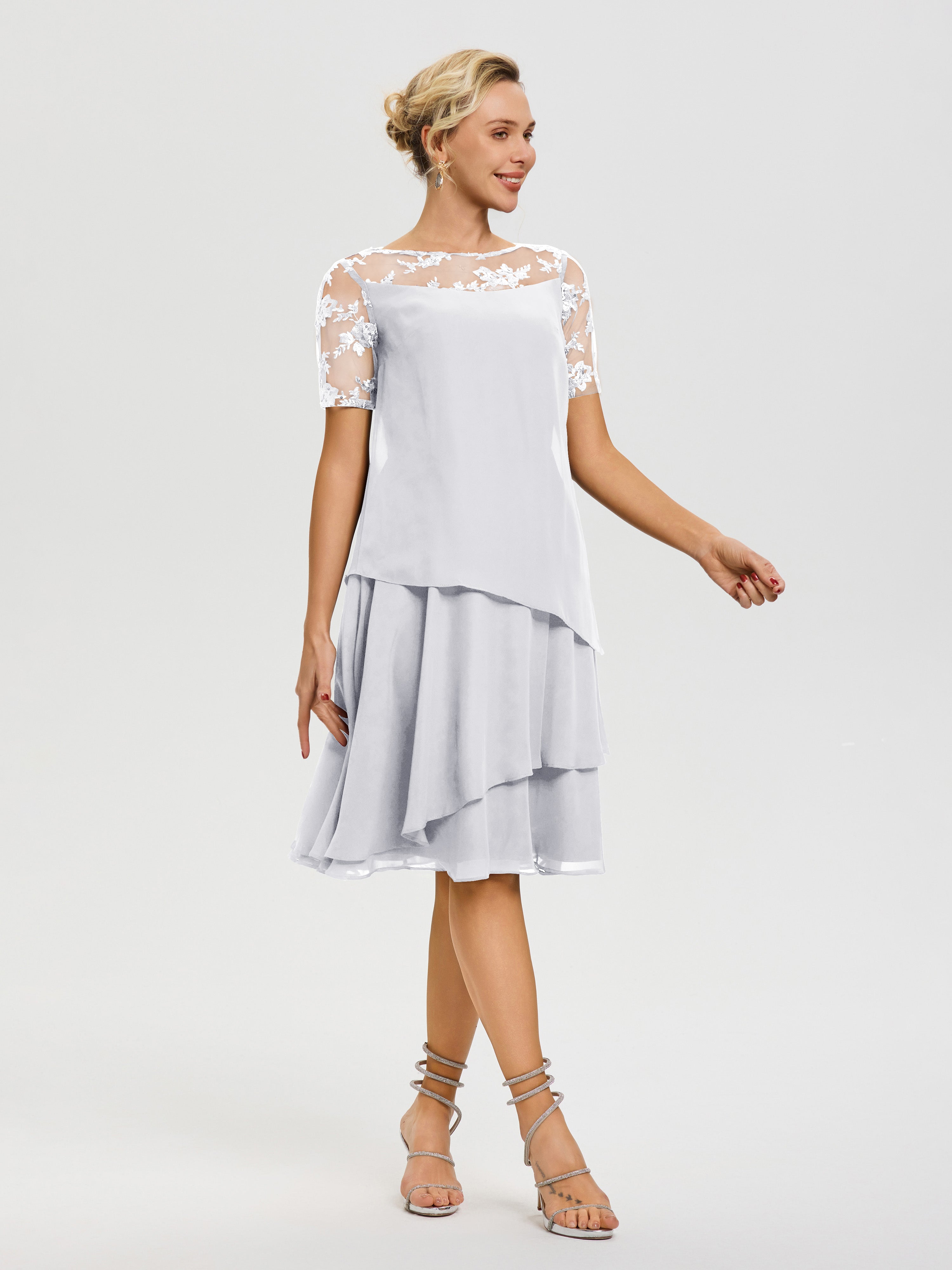 Cicinia Robe Mère De La Mariée Blanc Col Rond Mancherons Mousseline & Dentelle Robe De Cérémonie Mère Du Marié