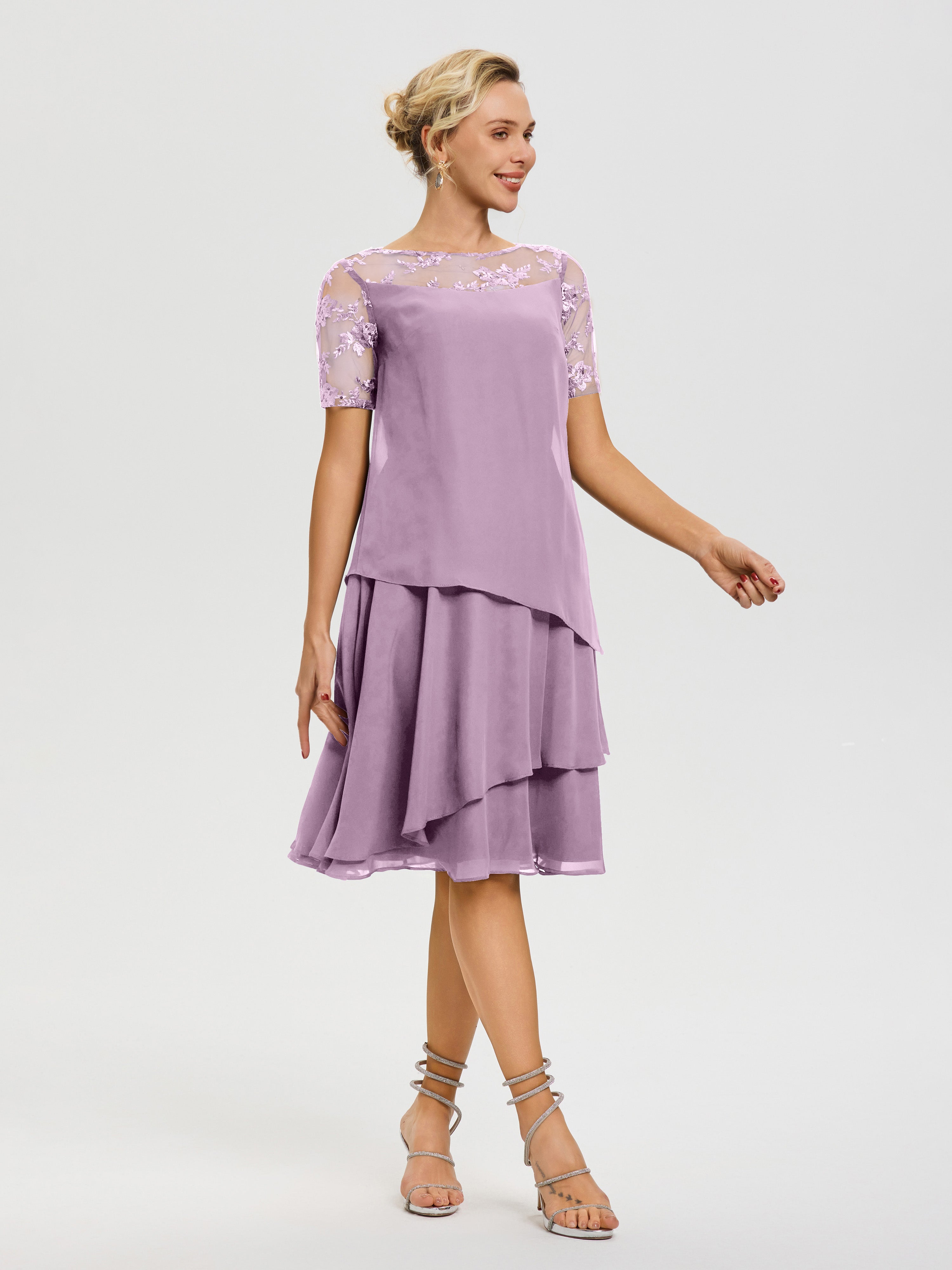 Cicinia Robe Mère De La Mariée Glycine Col Rond Mancherons Mousseline & Dentelle Robe De Cérémonie Mère Du Marié