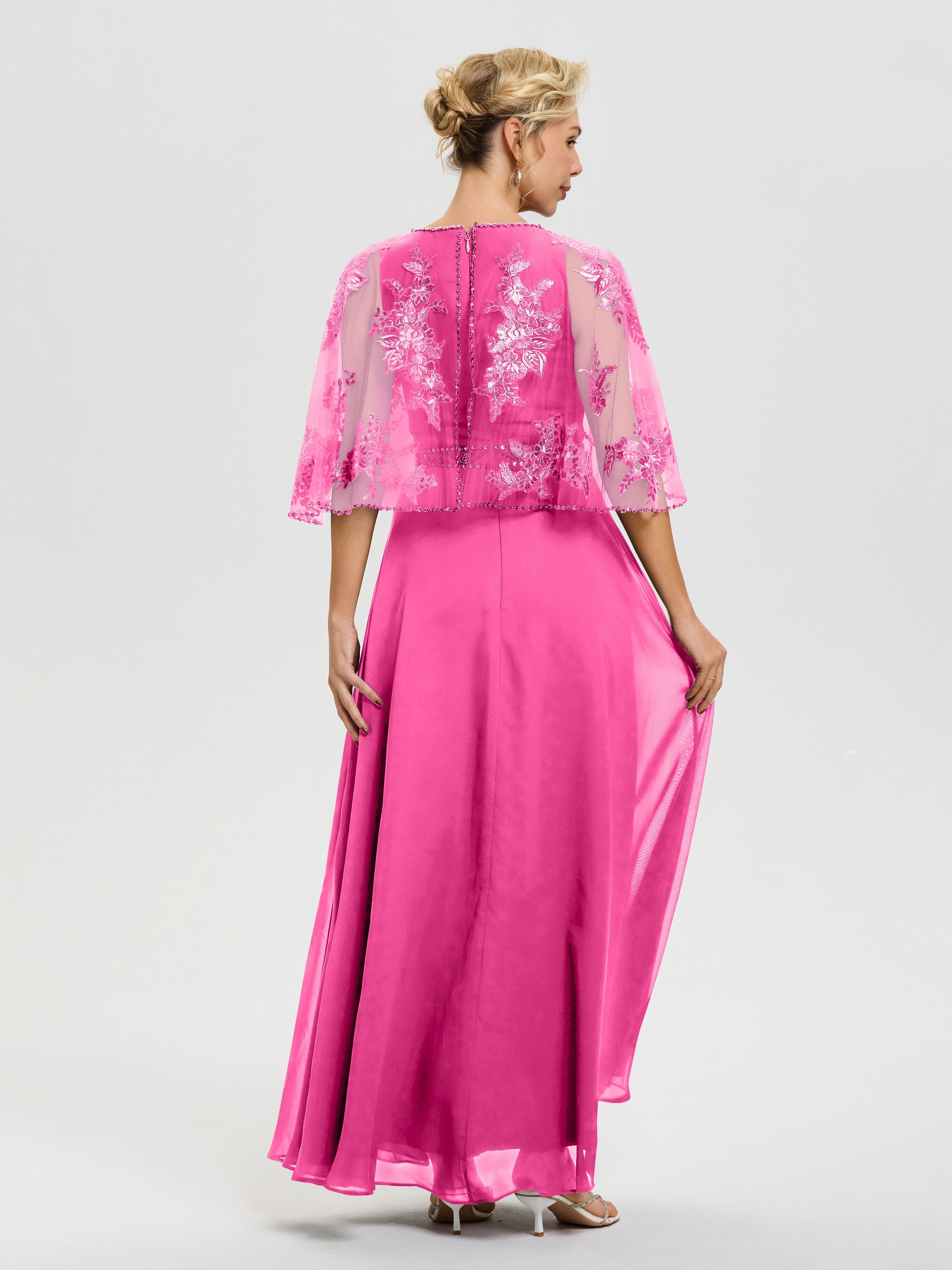 Robe De Mère De La Mariée Azalee Mousseline-Dentelle-Col-Rond-Robe-De-Ceremonie-Mere-De-La-Mariee
