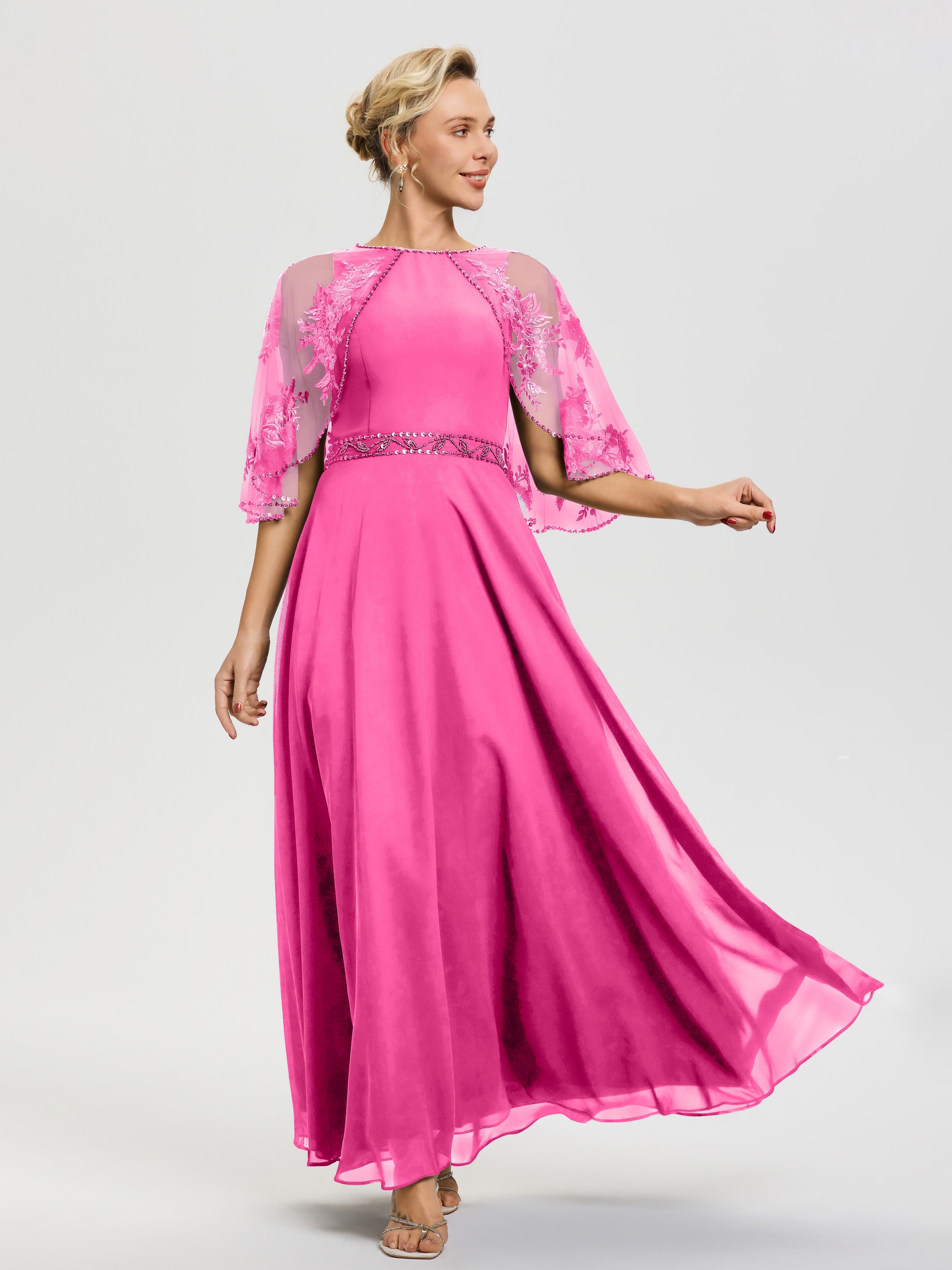 Robe De Mère De La Mariée Azalee Mousseline-Dentelle-Col-Rond-Robe-De-Ceremonie-Mere-De-La-Mariee