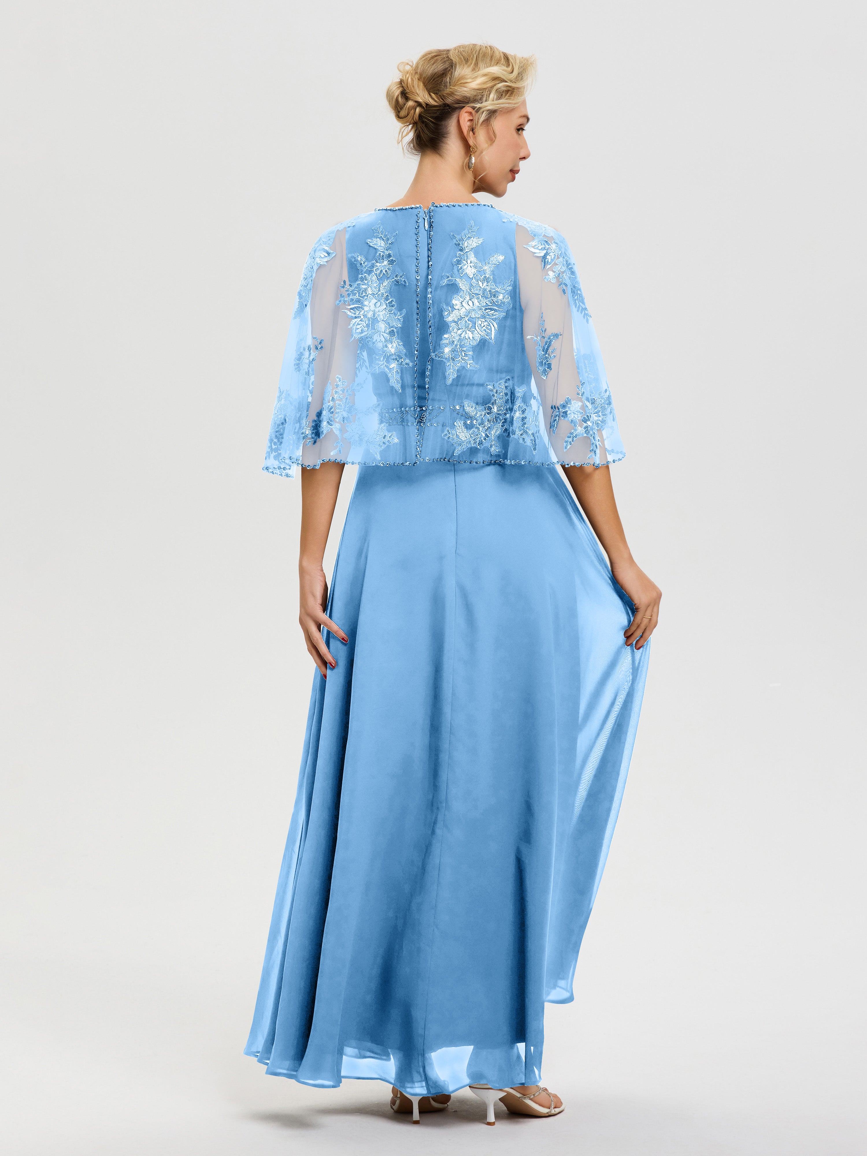 Robe Bleu Mere De La Mariee Mousseline & Dentelle Col Rond Robe De Cérémonie Mère De La Mariée