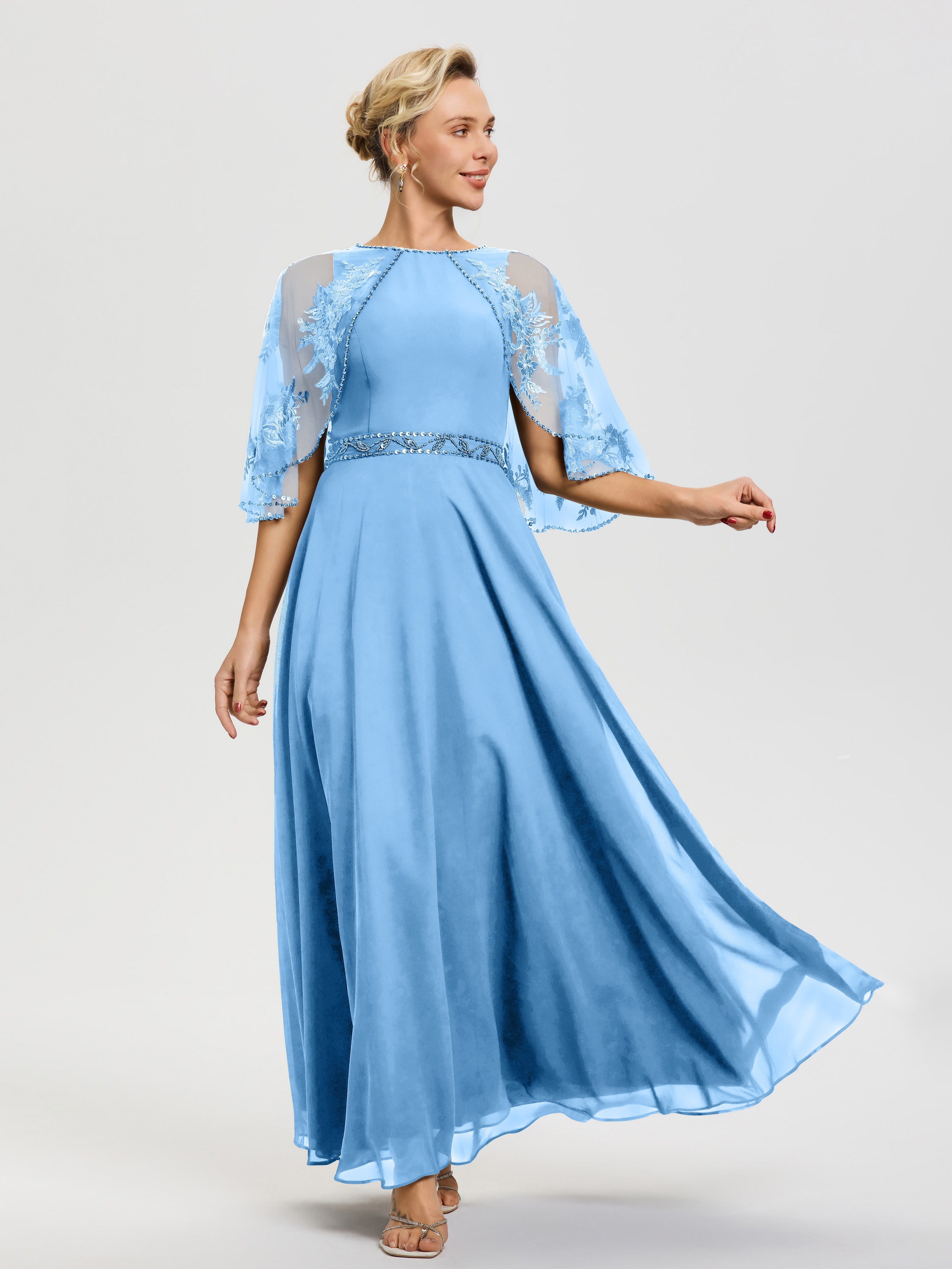 Robe Bleu Mere De La Mariee Mousseline & Dentelle Col Rond Robe De Cérémonie Mère De La Mariée