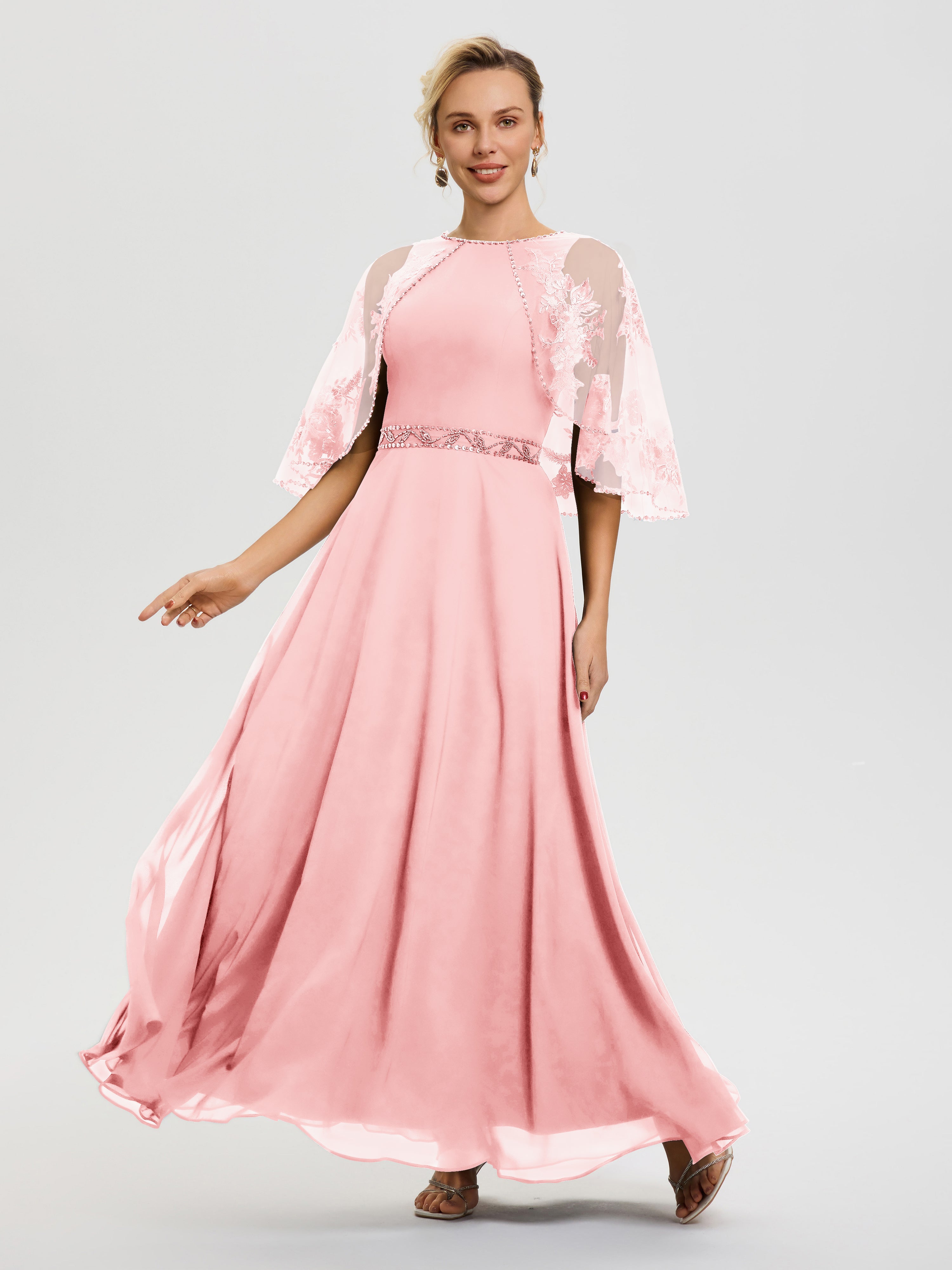 Robe Mere De La Mariee Rose Mousseline & Dentelle Col Rond Robe De Cérémonie Mère De La Mariée