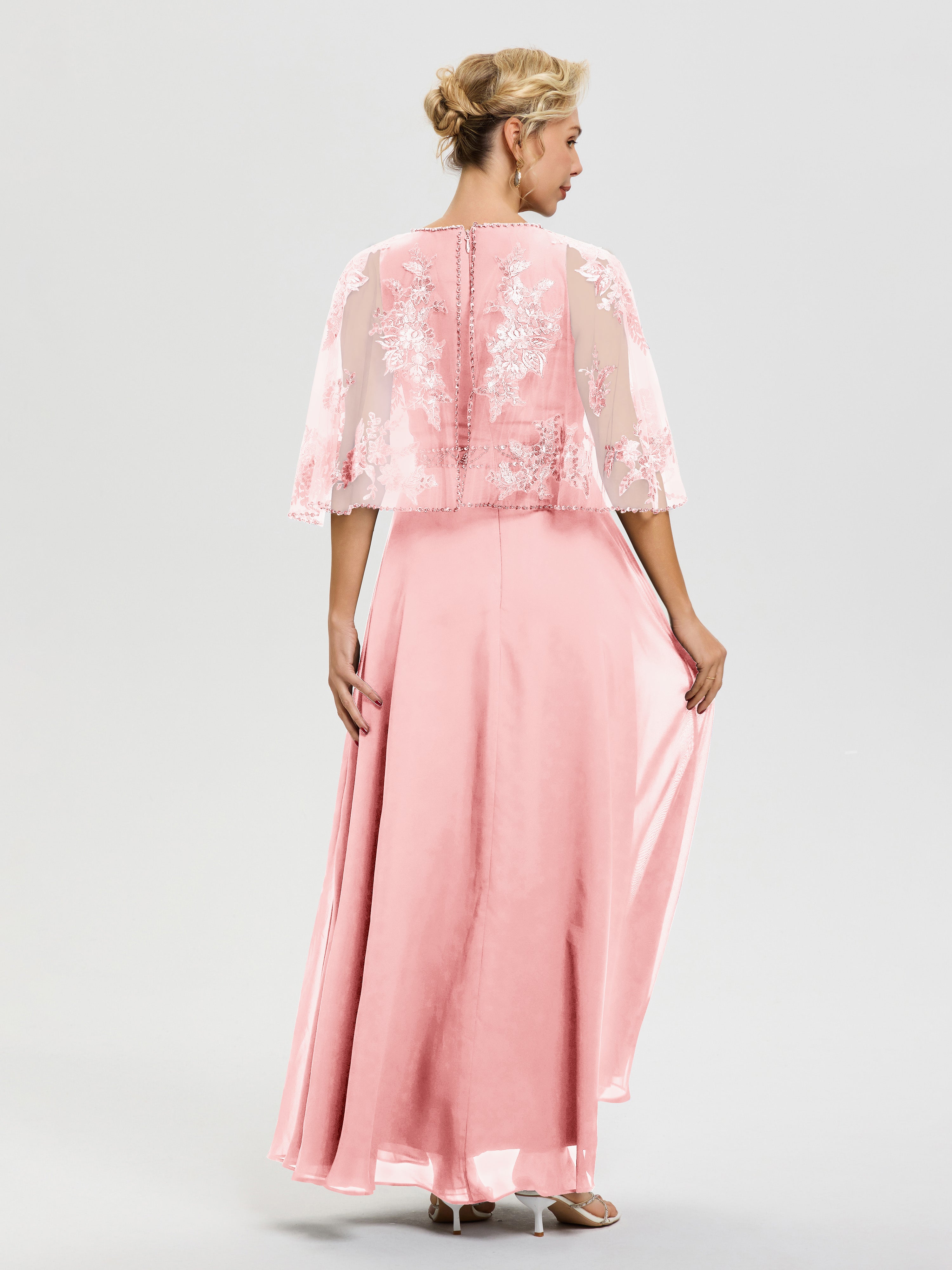 Robe Mere De La Mariee Rose Mousseline & Dentelle Col Rond Robe De Cérémonie Mère De La Mariée