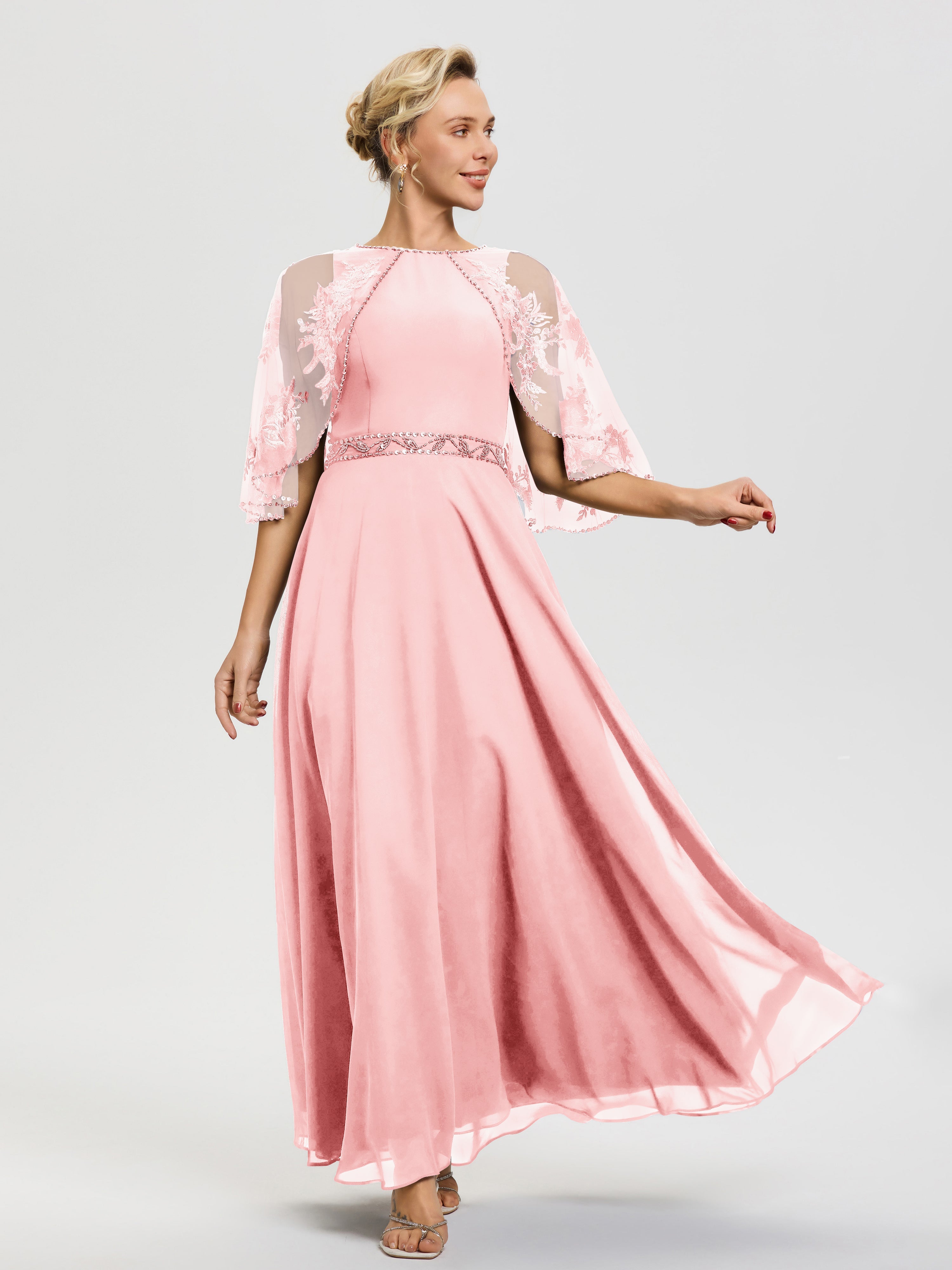 Robe Mere De La Mariee Rose Mousseline & Dentelle Col Rond Robe De Cérémonie Mère De La Mariée