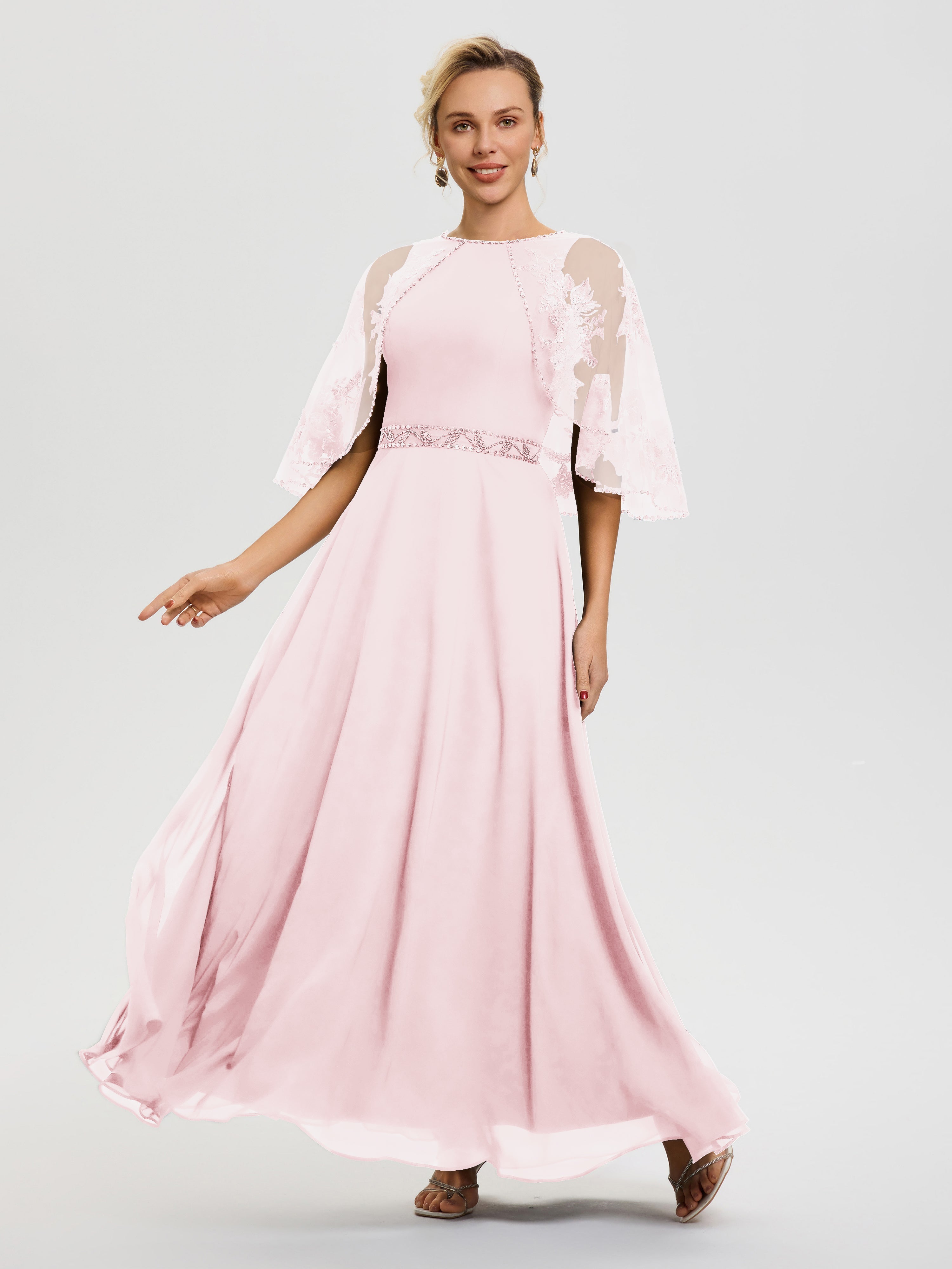 Robe De Mère Du Marié Rose Pale Mousseline & Dentelle Col Rond Robe De Cérémonie Mère De La Mariée
