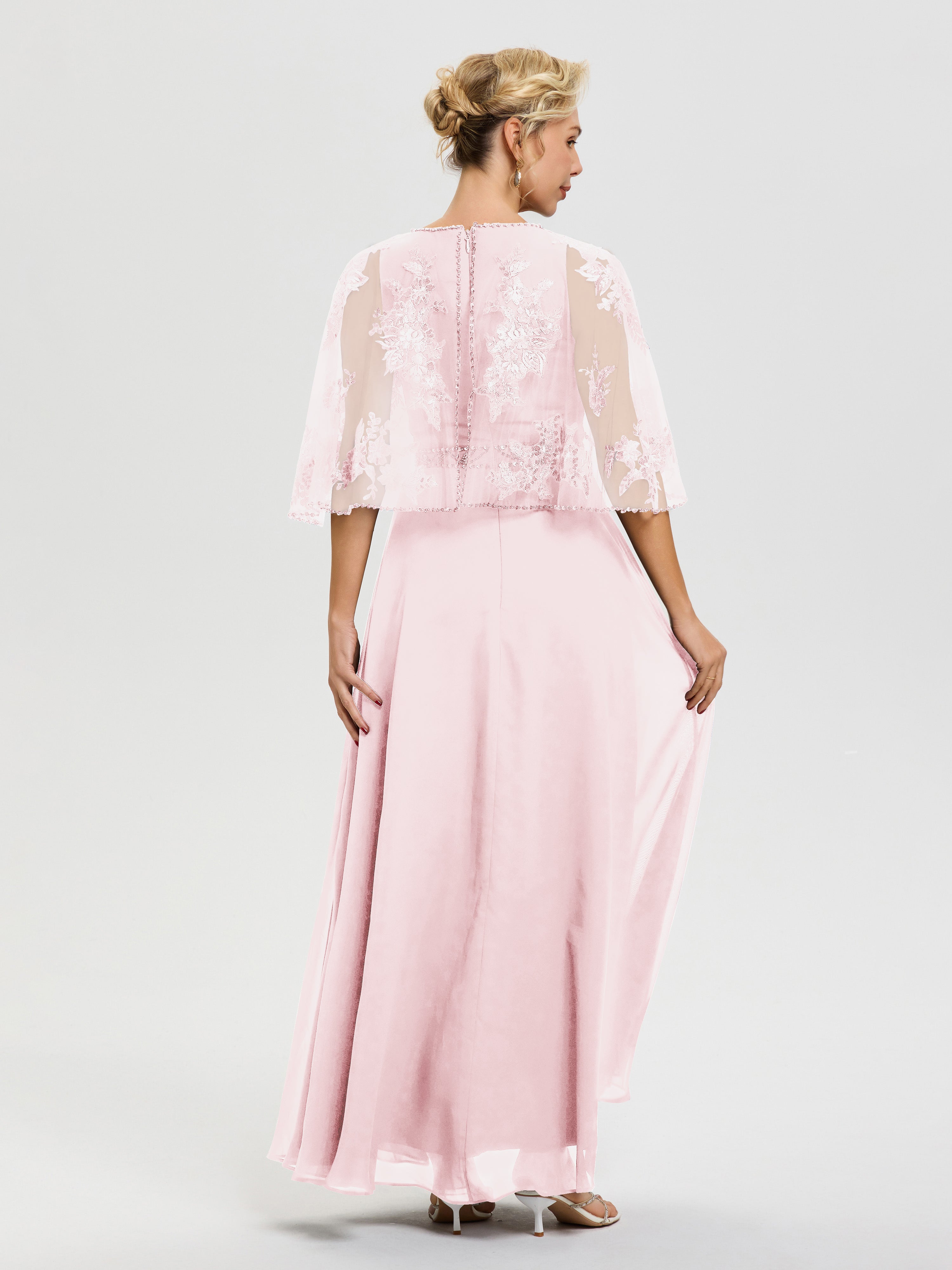 Robe De Mère Du Marié Rose Pale Mousseline & Dentelle Col Rond Robe De Cérémonie Mère De La Mariée