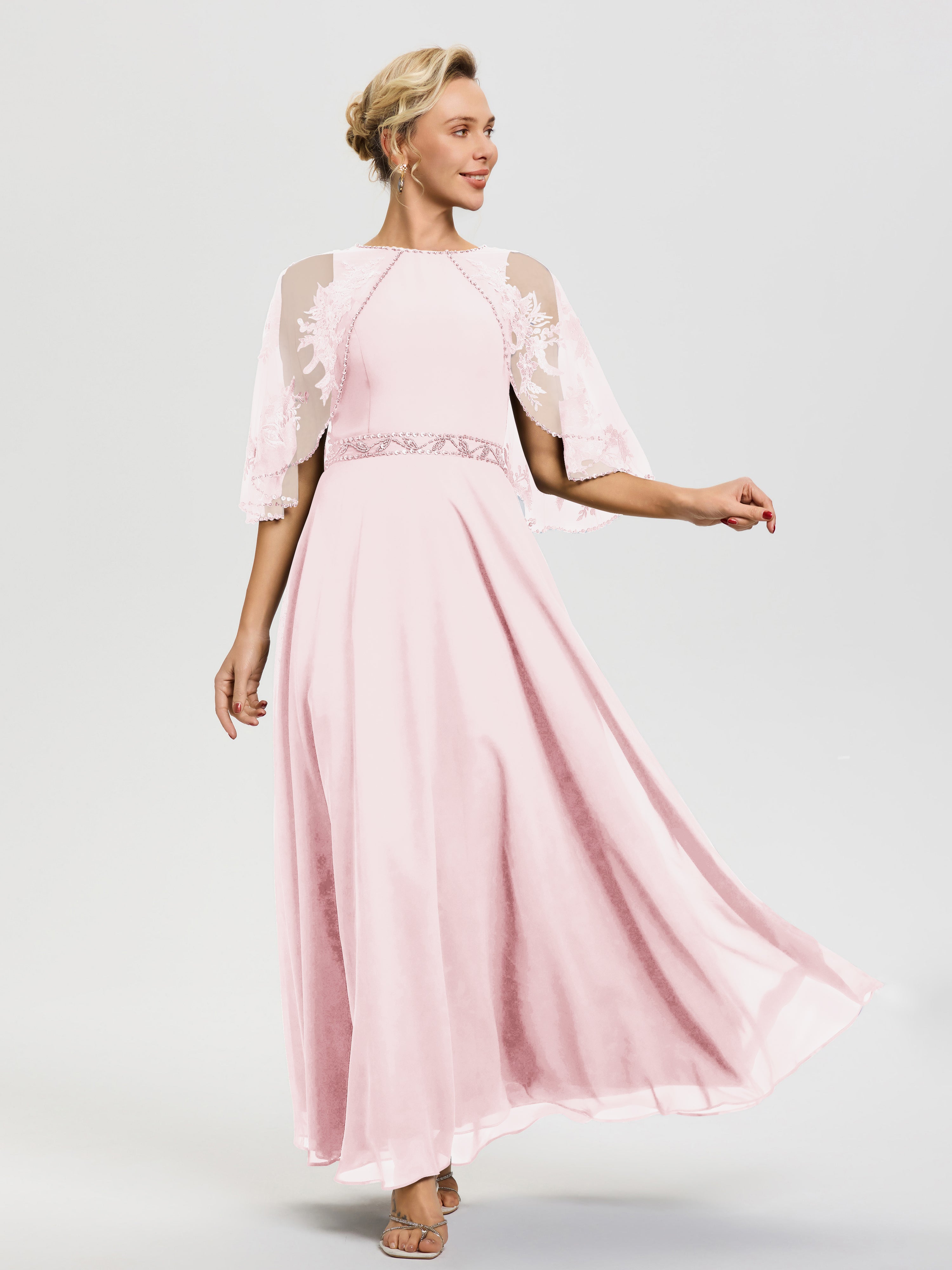 Robe De Mère Du Marié Rose Pale Mousseline & Dentelle Col Rond Robe De Cérémonie Mère De La Mariée
