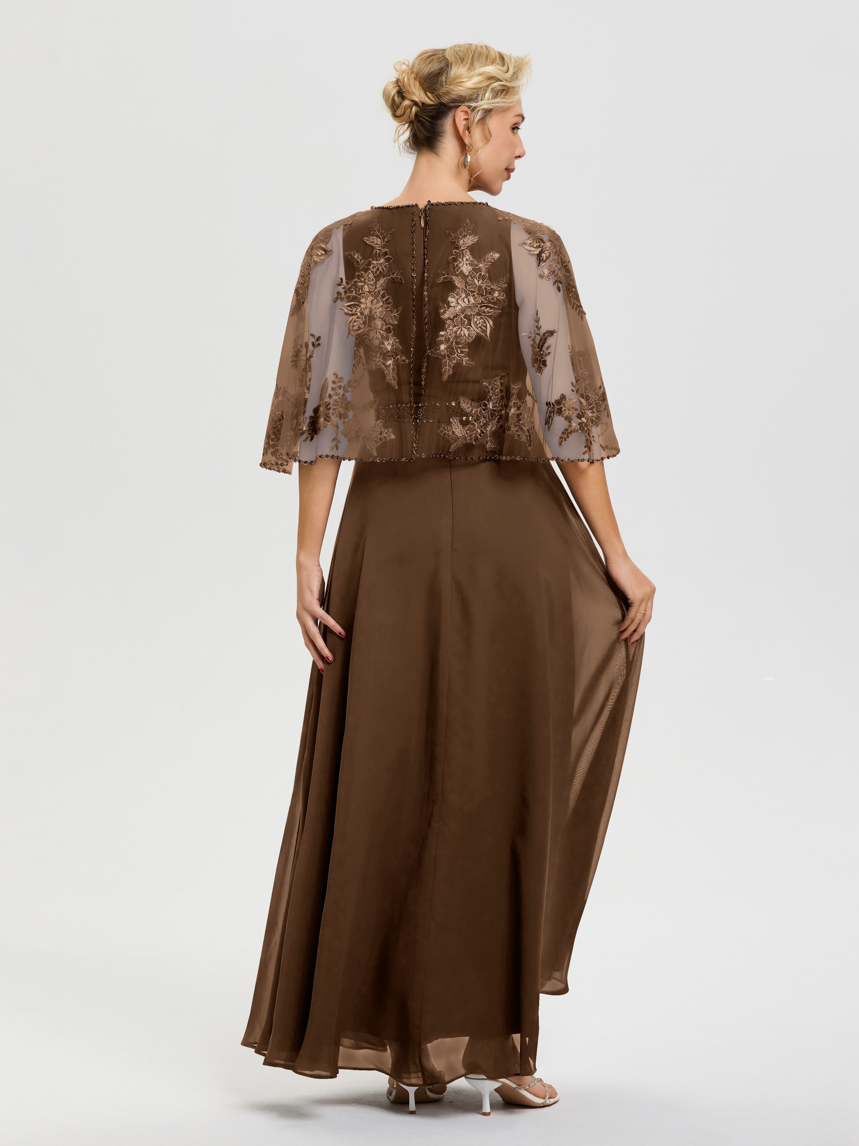 Robe De Mère De La Mariée Brun Mousseline-Dentelle-Col-Rond-Robe-De-Ceremonie-Mere-De-La-Mariee