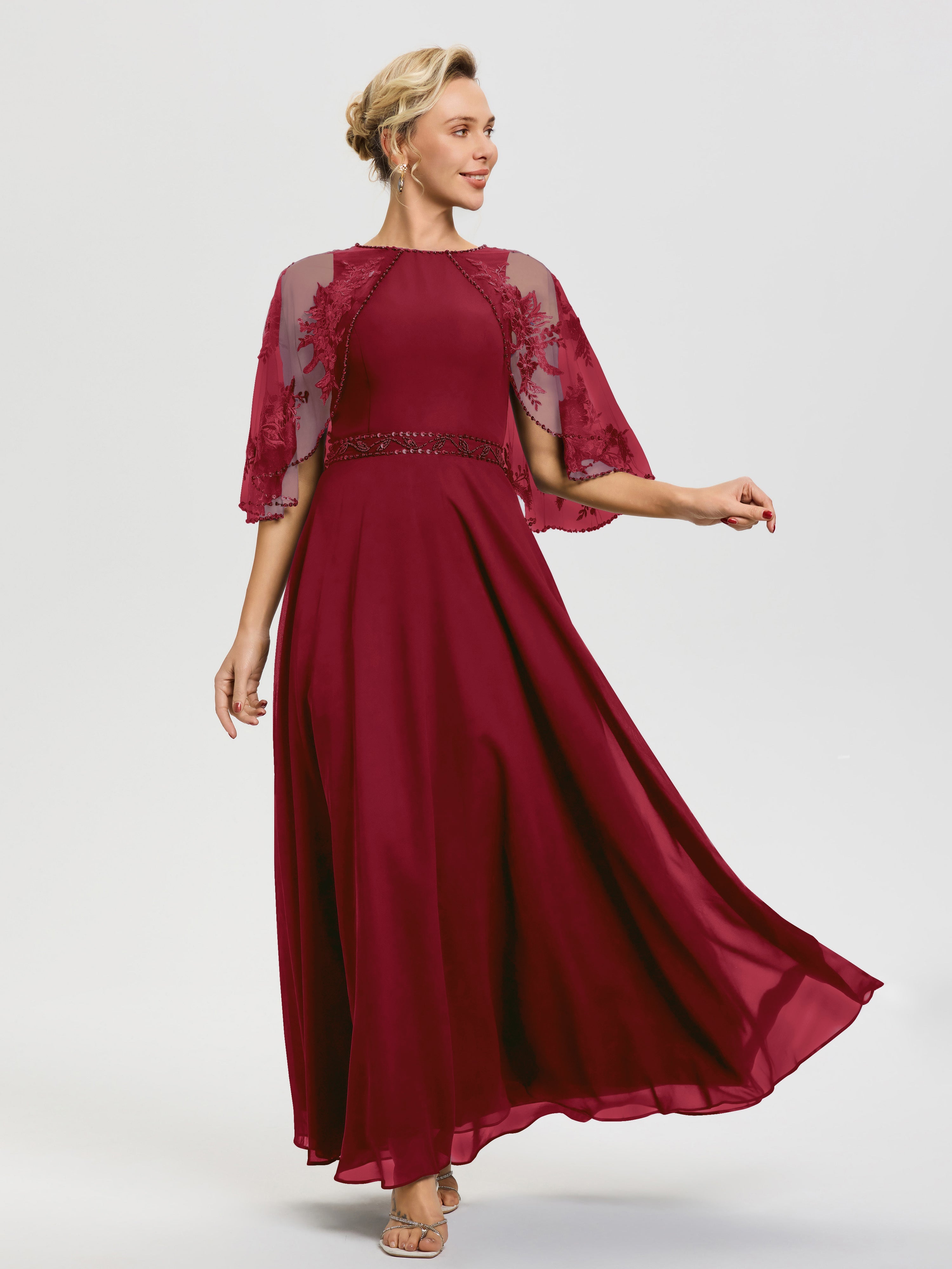 Robe Mere Mariee Bordeaux Mousseline & Dentelle Col Rond Robe De Cérémonie Mère De La Mariée