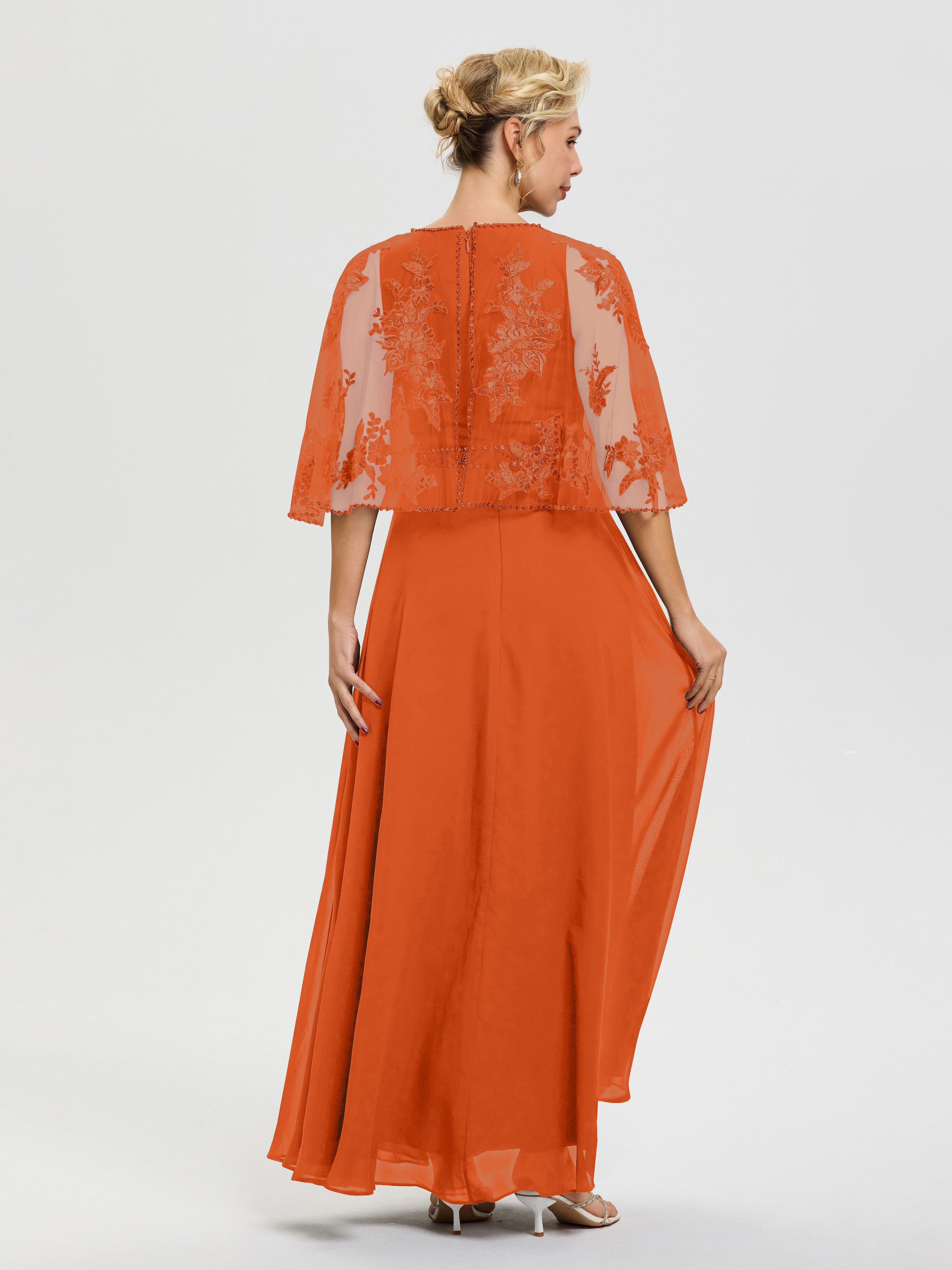 Robe De Mère De La Mariée Orange Brule Mousseline & Dentelle Col Rond Robe De Cérémonie Mère De La Mariée