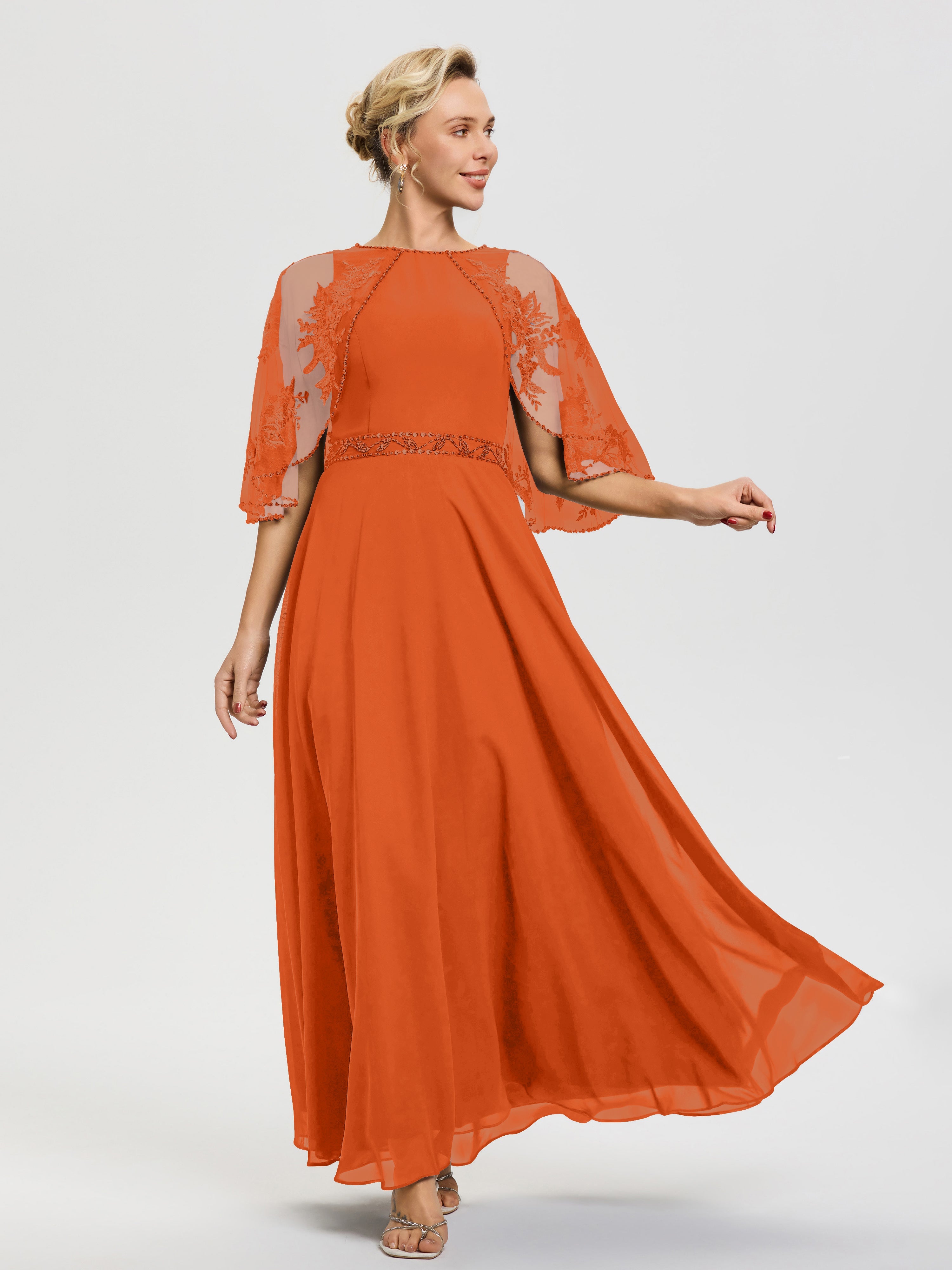 Robe De Mère De La Mariée Orange Brule Mousseline & Dentelle Col Rond Robe De Cérémonie Mère De La Mariée