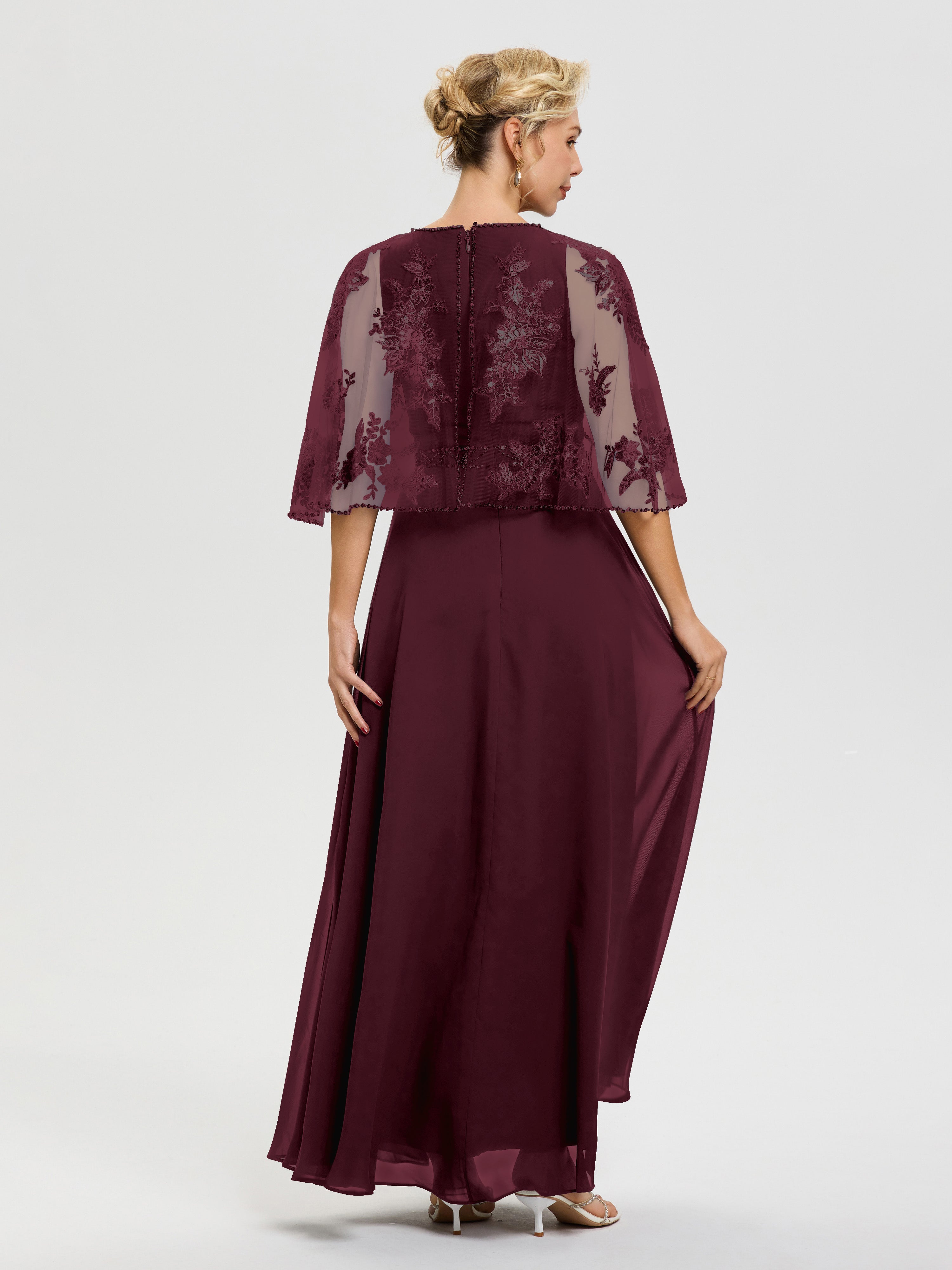 Robe De Mère De La Mariée Cabernet Mousseline-Dentelle-Col-Rond-Robe-De-Ceremonie-Mere-De-La-Mariee
