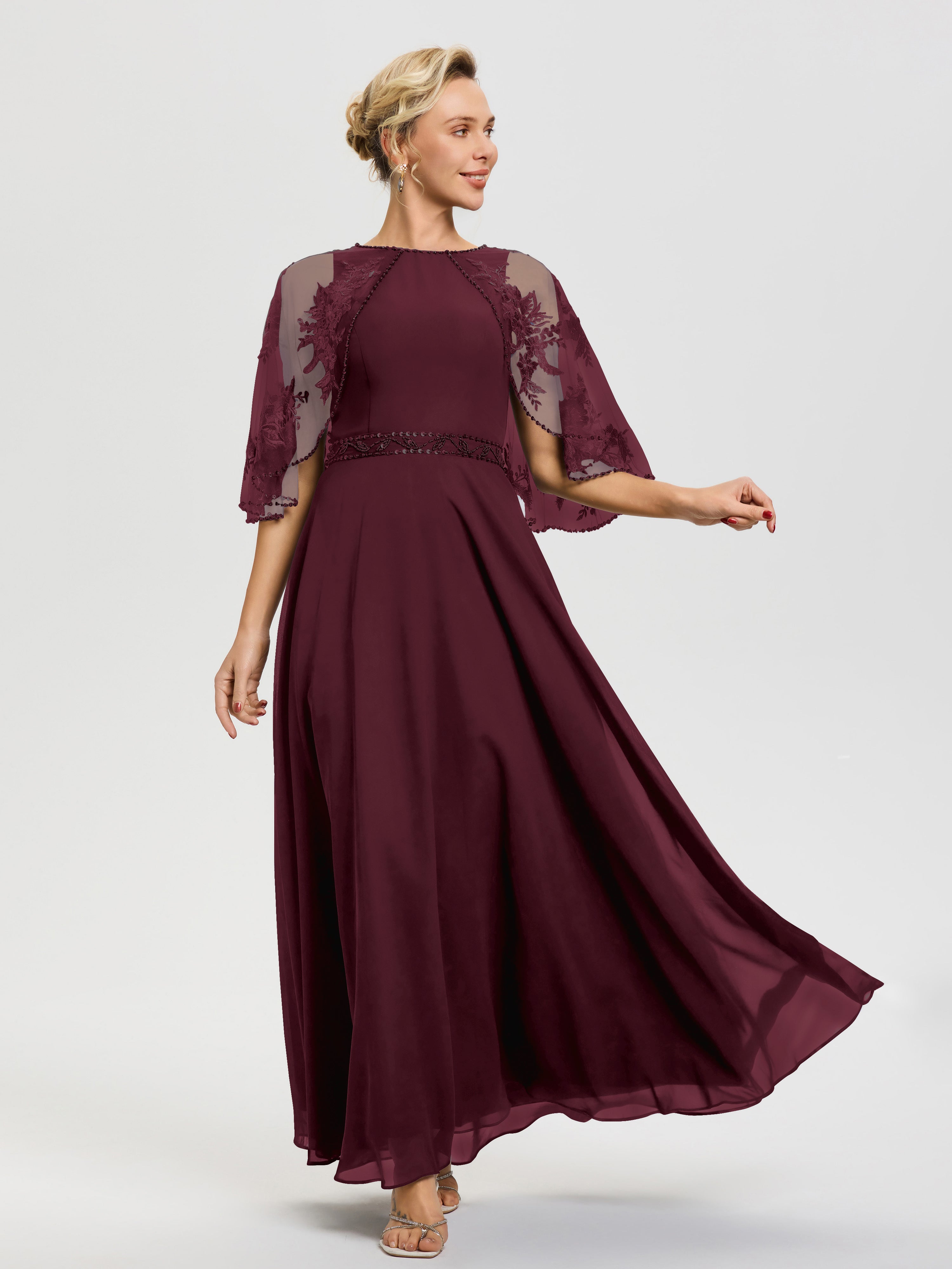 Robe De Mère De La Mariée Cabernet Mousseline-Dentelle-Col-Rond-Robe-De-Ceremonie-Mere-De-La-Mariee