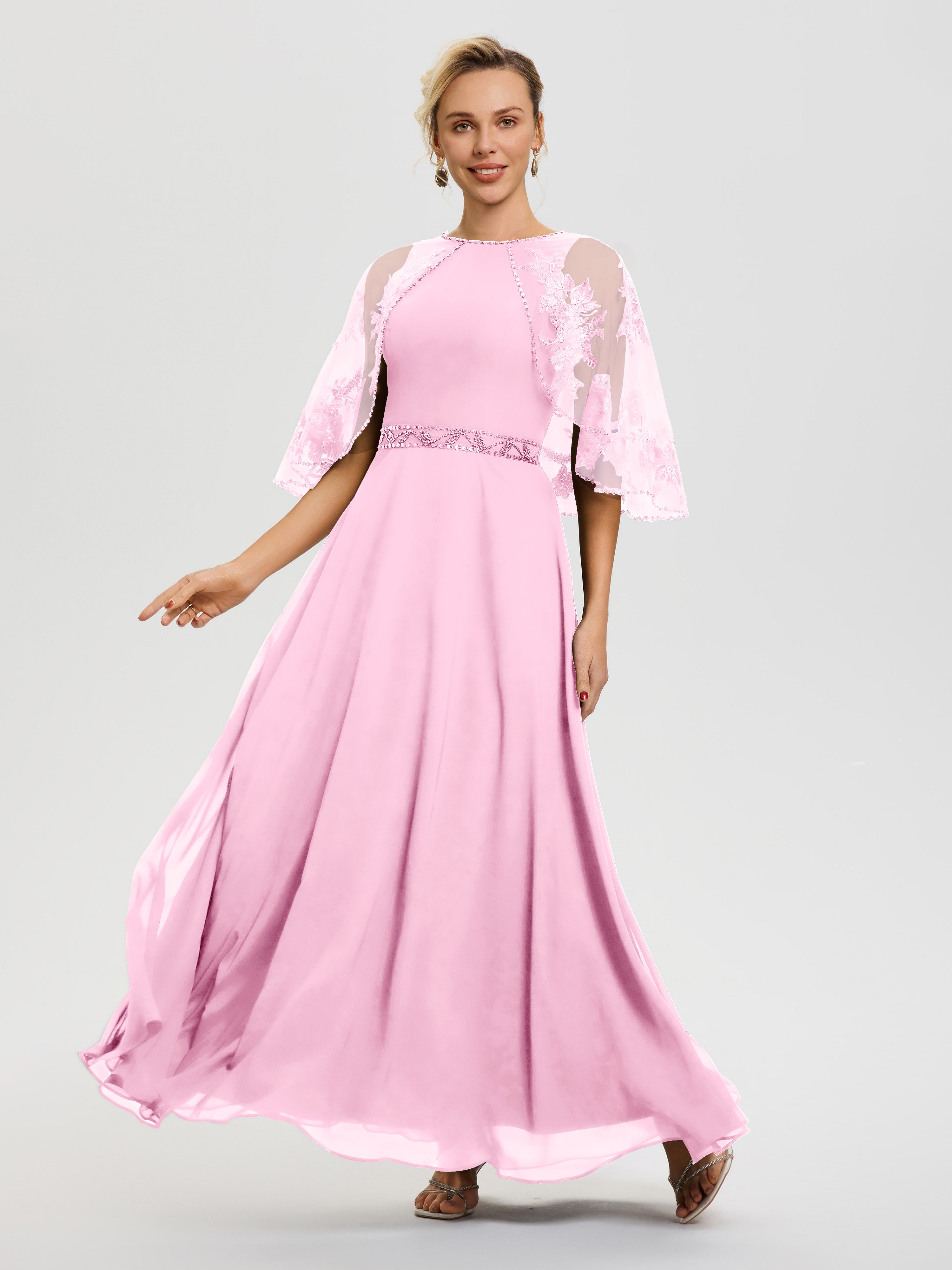 Robe De Mère Du Marié Rose Bonbon Mousseline & Dentelle Col Rond Robe De Cérémonie Mère De La Mariée