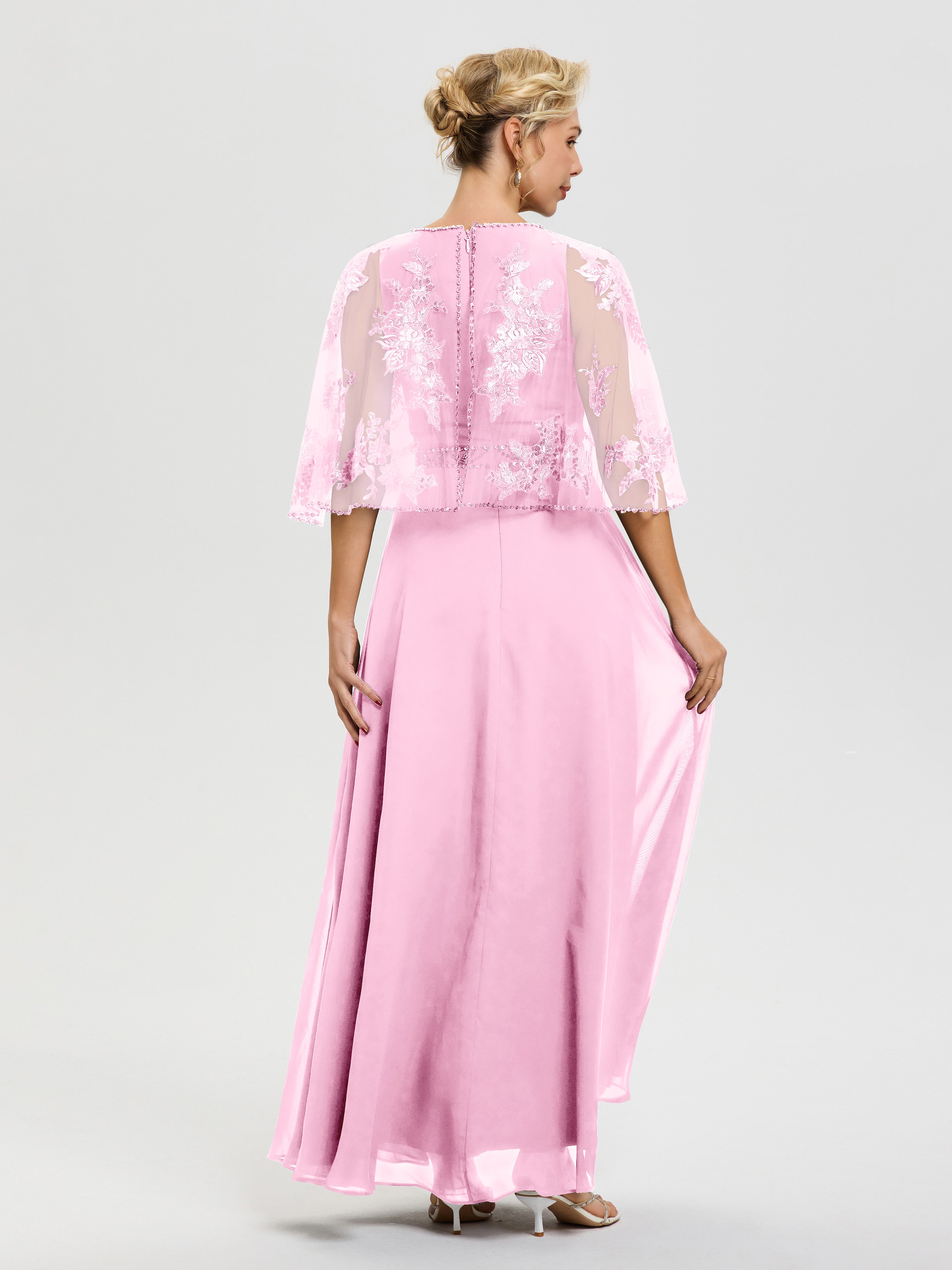 Robe De Mère Du Marié Rose Bonbon Mousseline & Dentelle Col Rond Robe De Cérémonie Mère De La Mariée