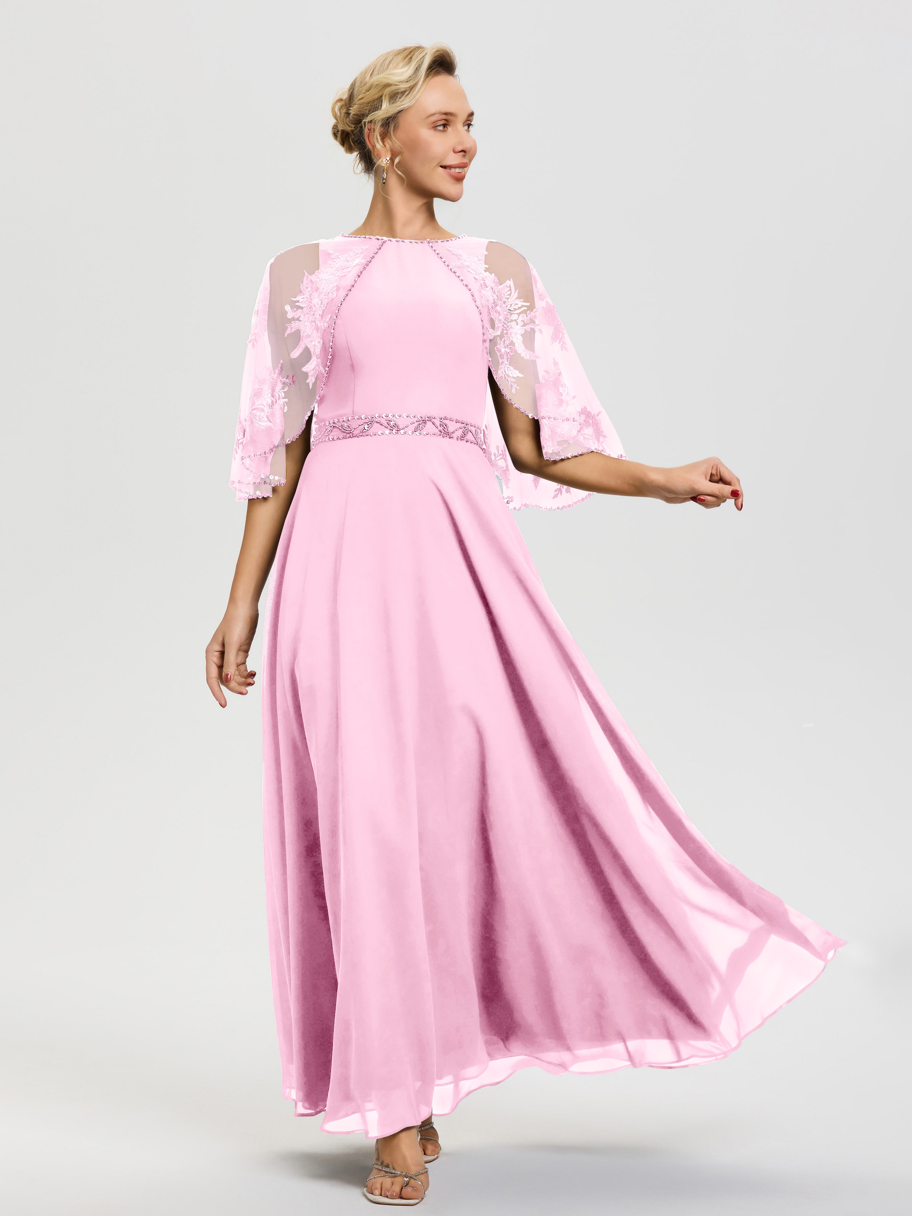 Robe De Mère Du Marié Rose Bonbon Mousseline & Dentelle Col Rond Robe De Cérémonie Mère De La Mariée