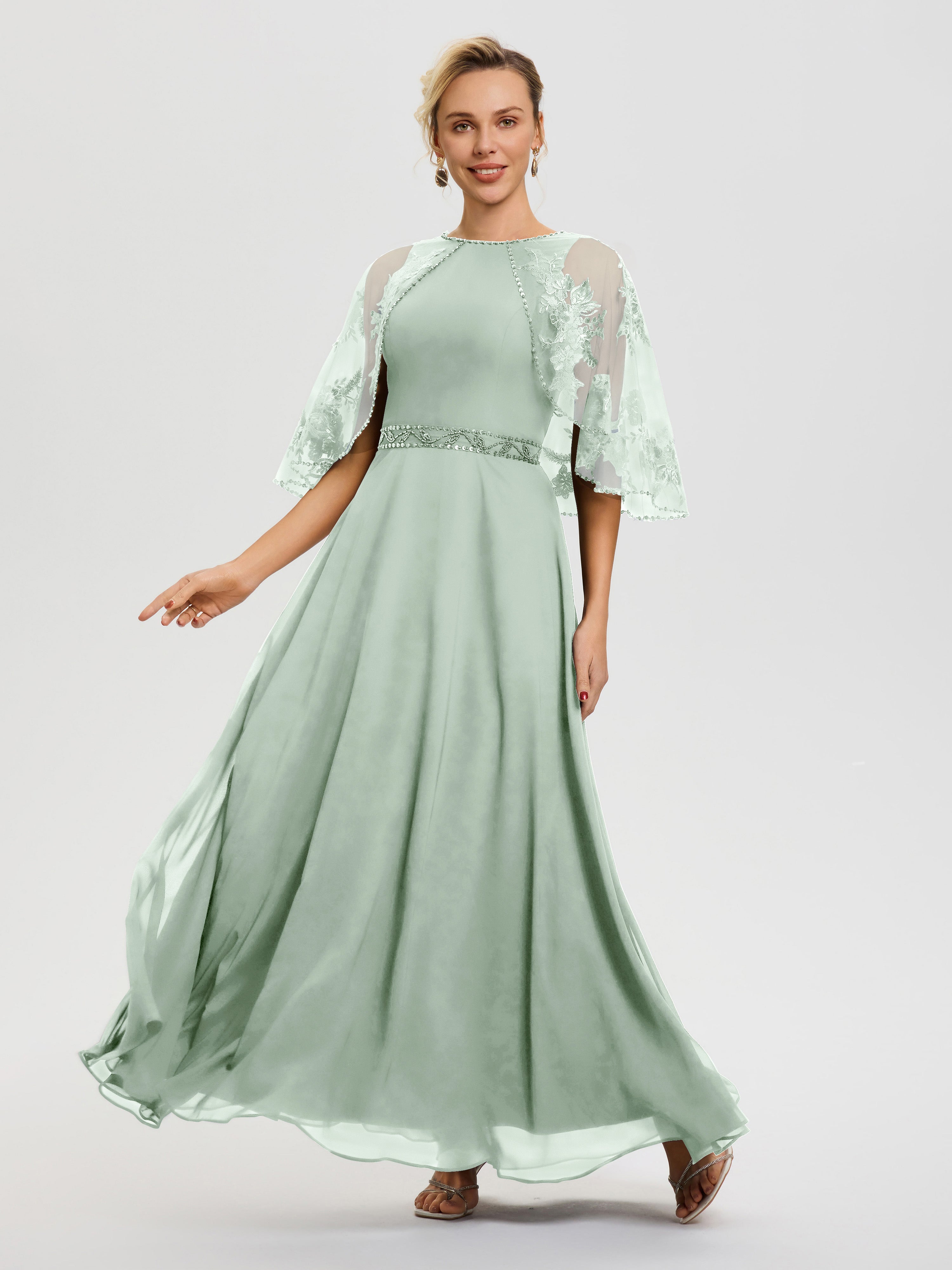 Robe De Mère De La Mariée Celadon Mousseline-Dentelle-Col-Rond-Robe-De-Ceremonie-Mere-De-La-Mariee