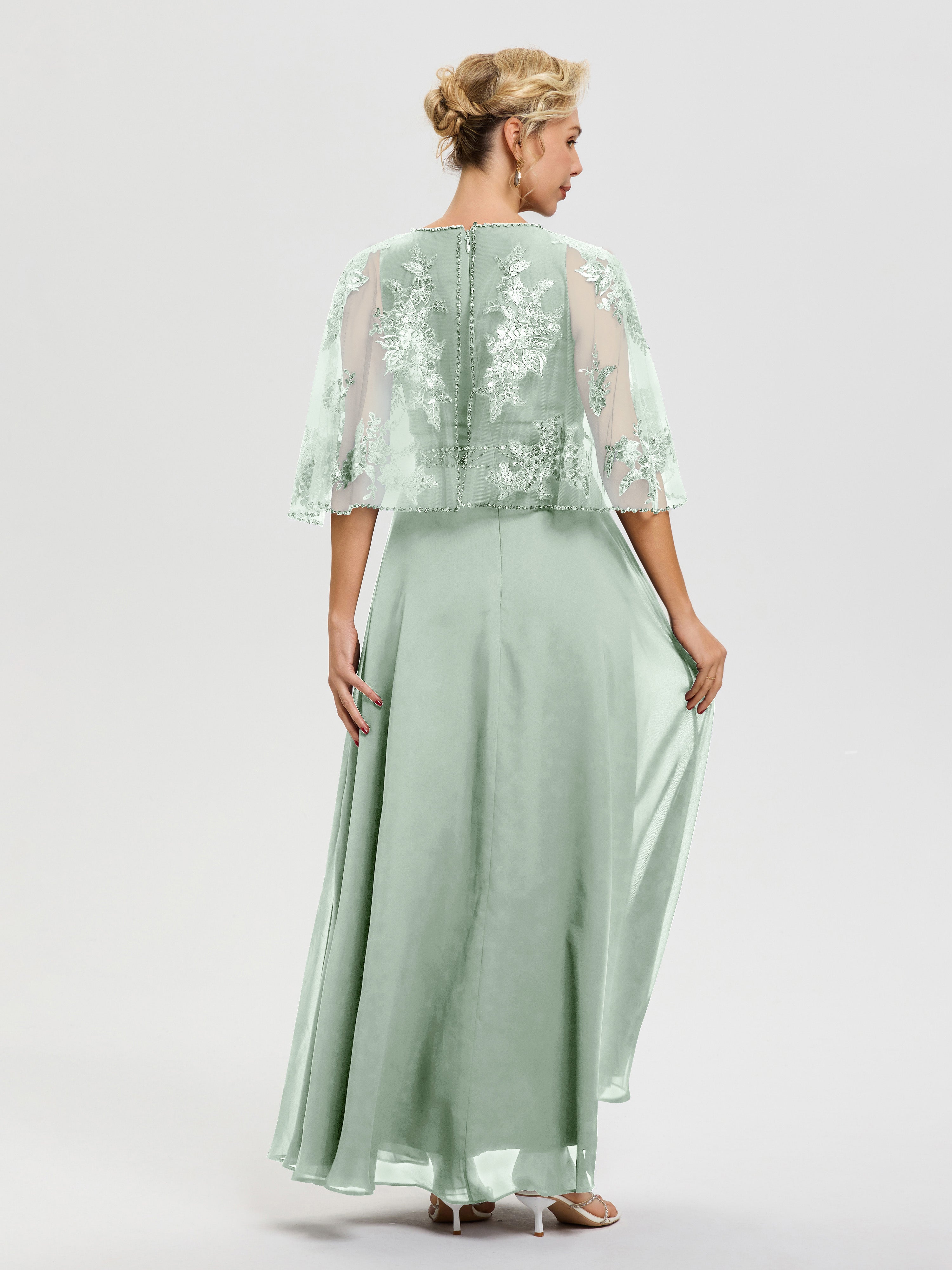 Robe De Mère De La Mariée Celadon Mousseline-Dentelle-Col-Rond-Robe-De-Ceremonie-Mere-De-La-Mariee