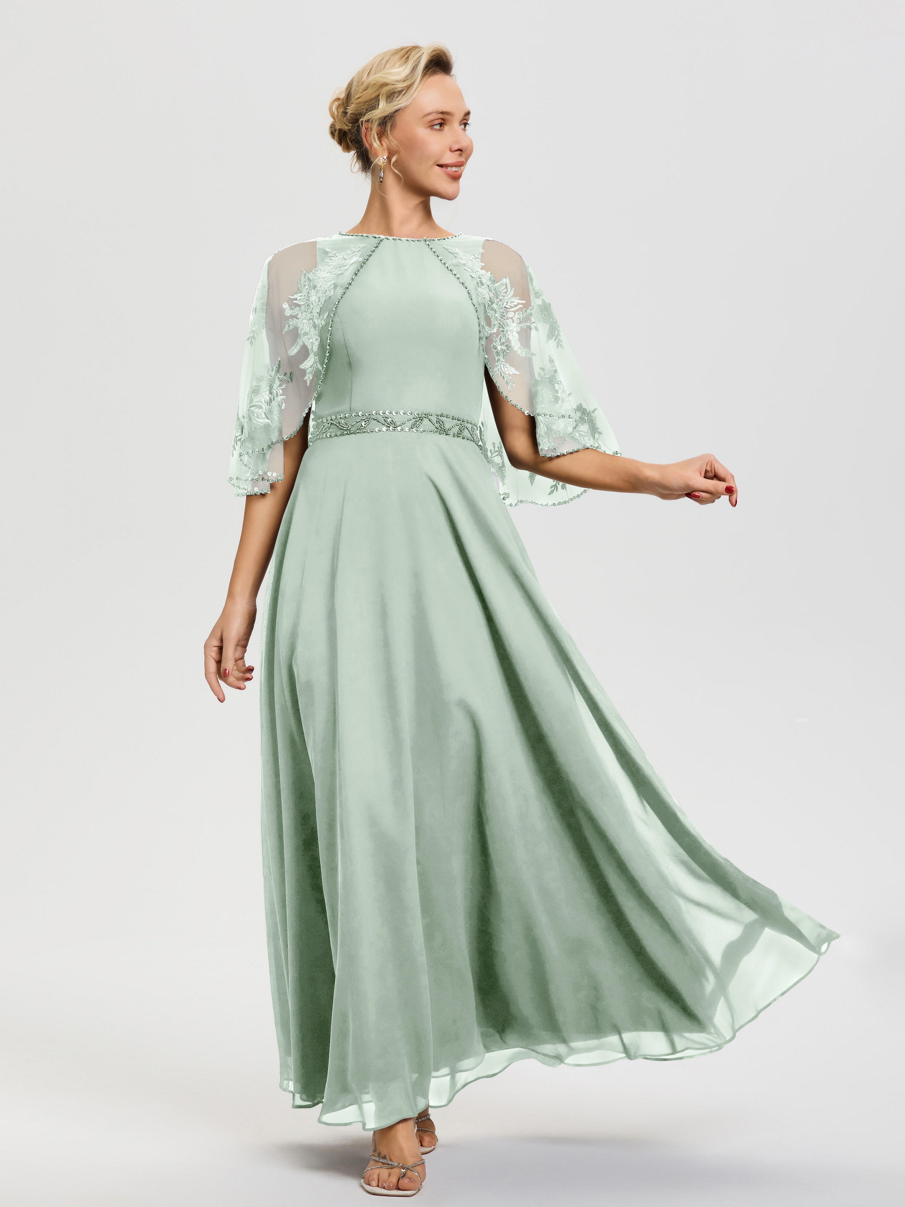 Robe De Mère De La Mariée Celadon Mousseline-Dentelle-Col-Rond-Robe-De-Ceremonie-Mere-De-La-Mariee