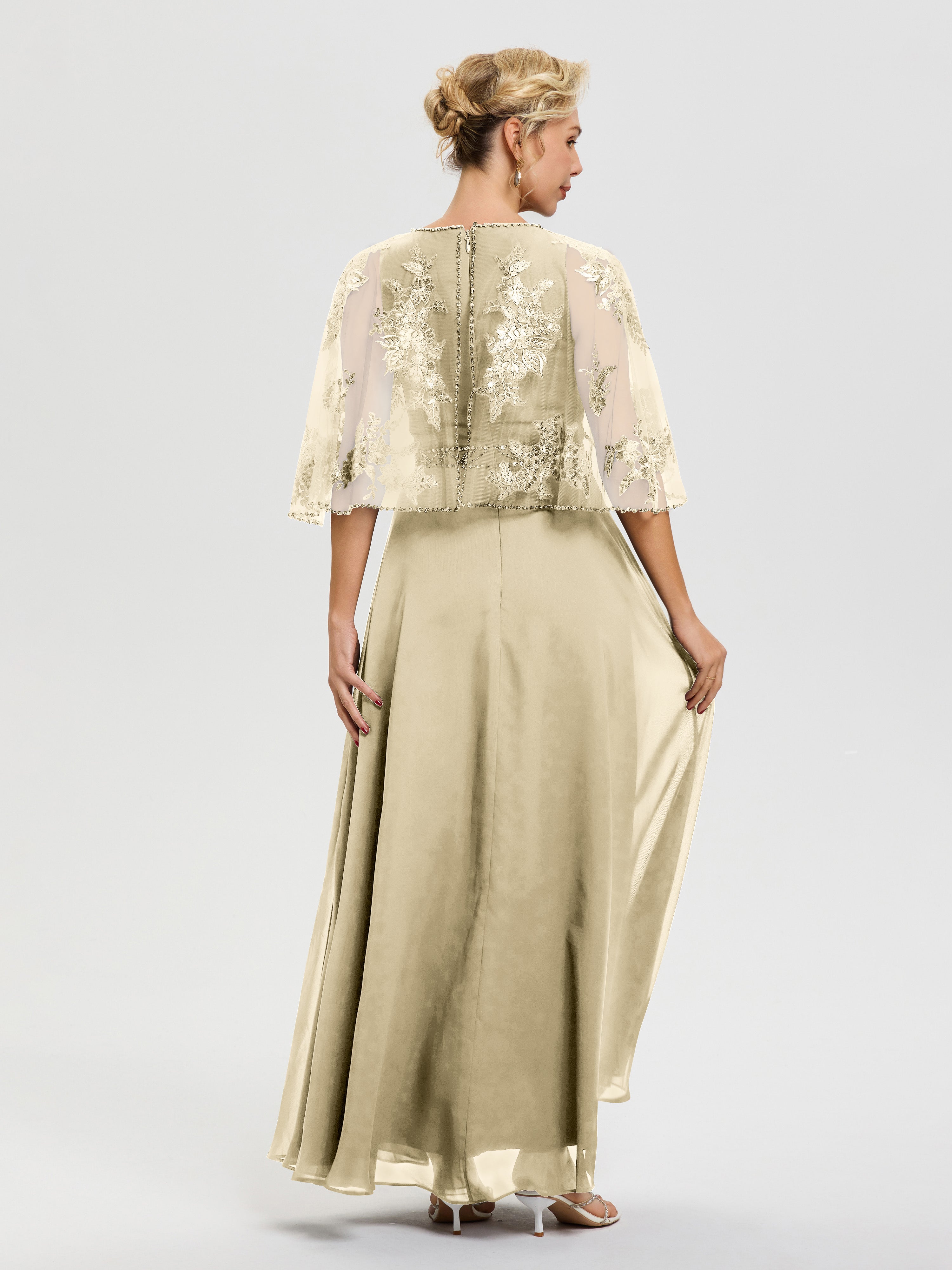 Robe Mere De La Mariee Champagne Mousseline & Dentelle Col Rond Robe De Cérémonie Mère De La Mariée