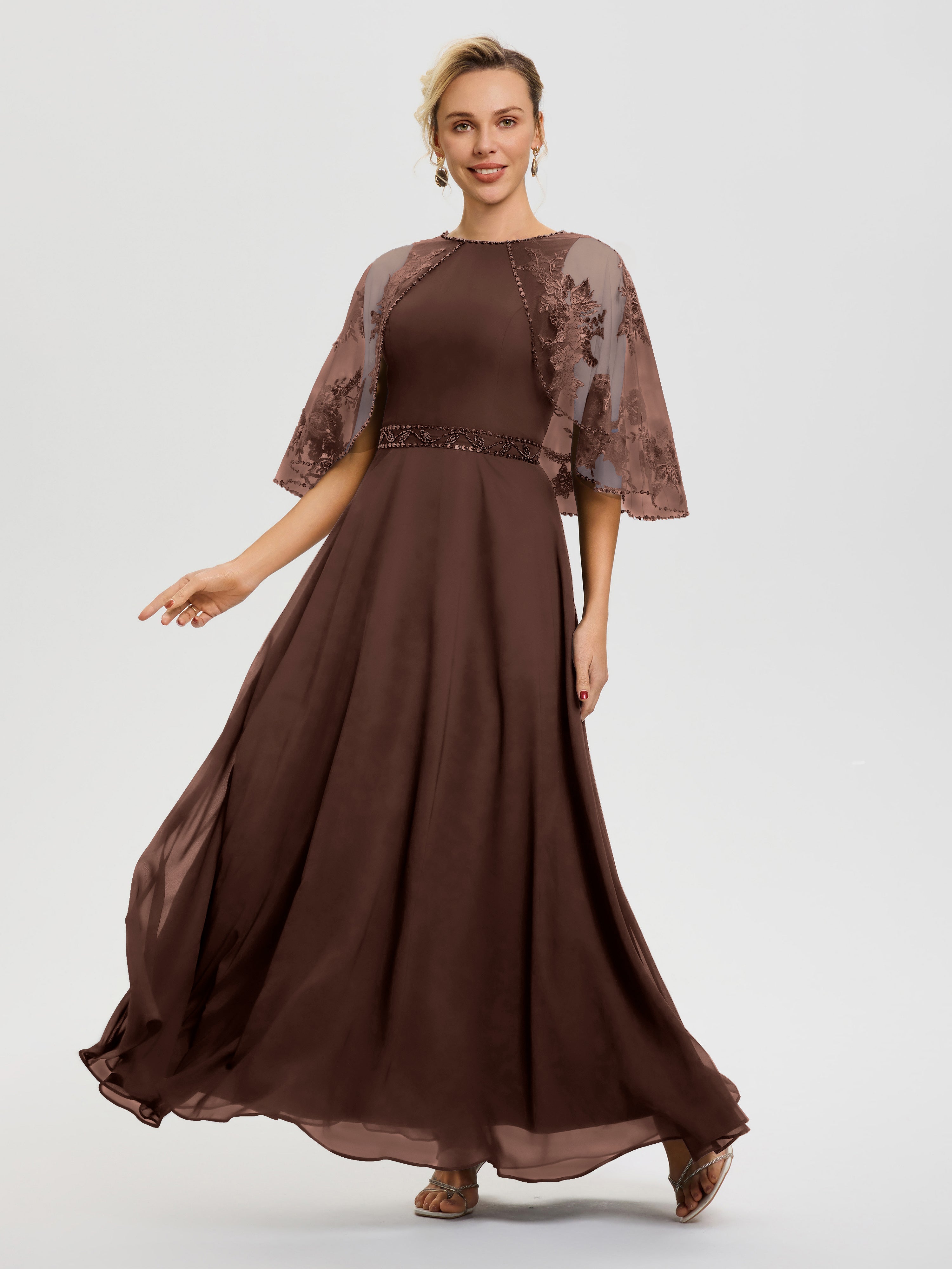 Robe Mère Du Marié Chocolat Mousseline & Dentelle Col Rond Robe De Cérémonie Mère De La Mariée