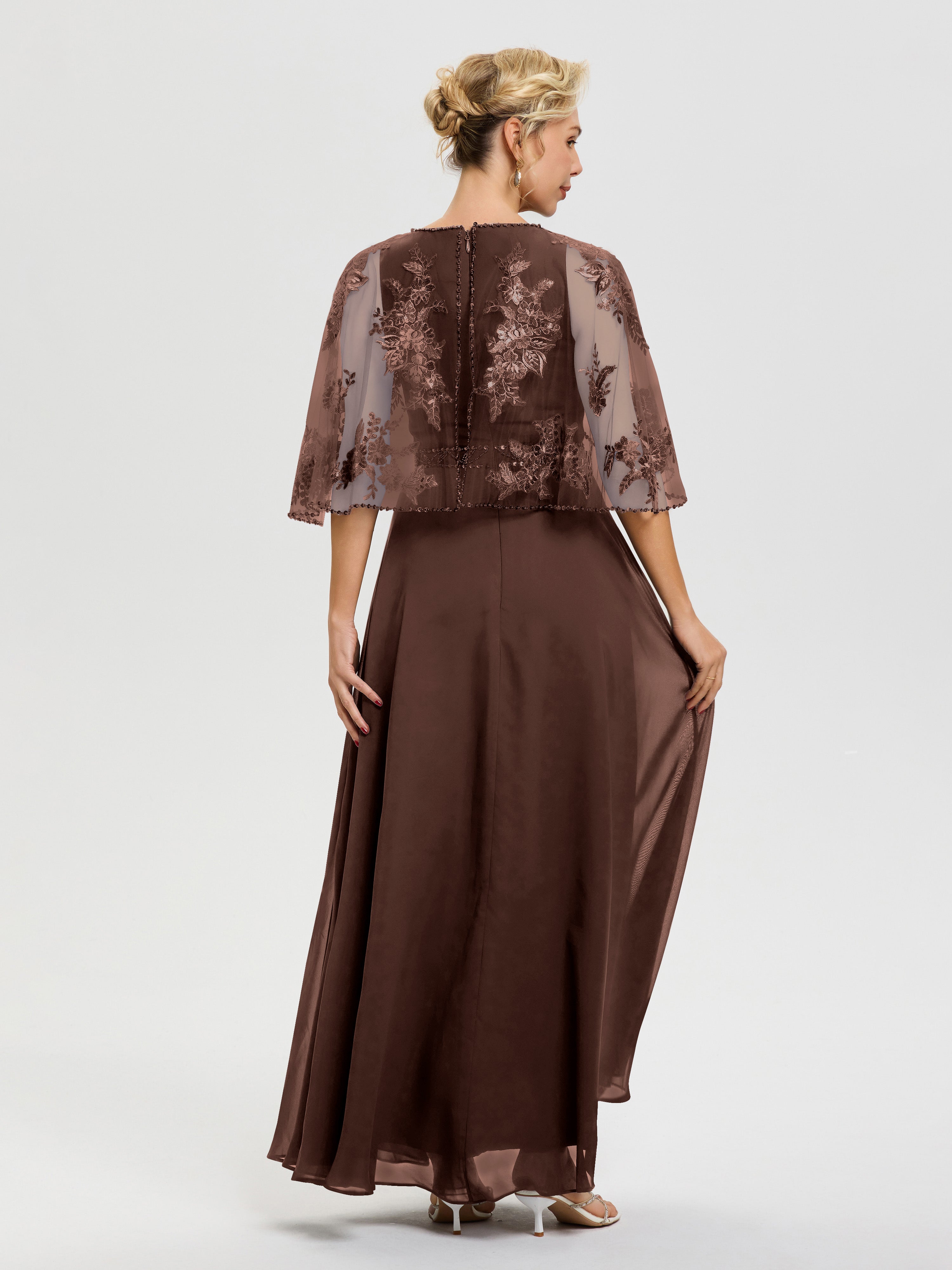 Robe Mère Du Marié Chocolat Mousseline & Dentelle Col Rond Robe De Cérémonie Mère De La Mariée