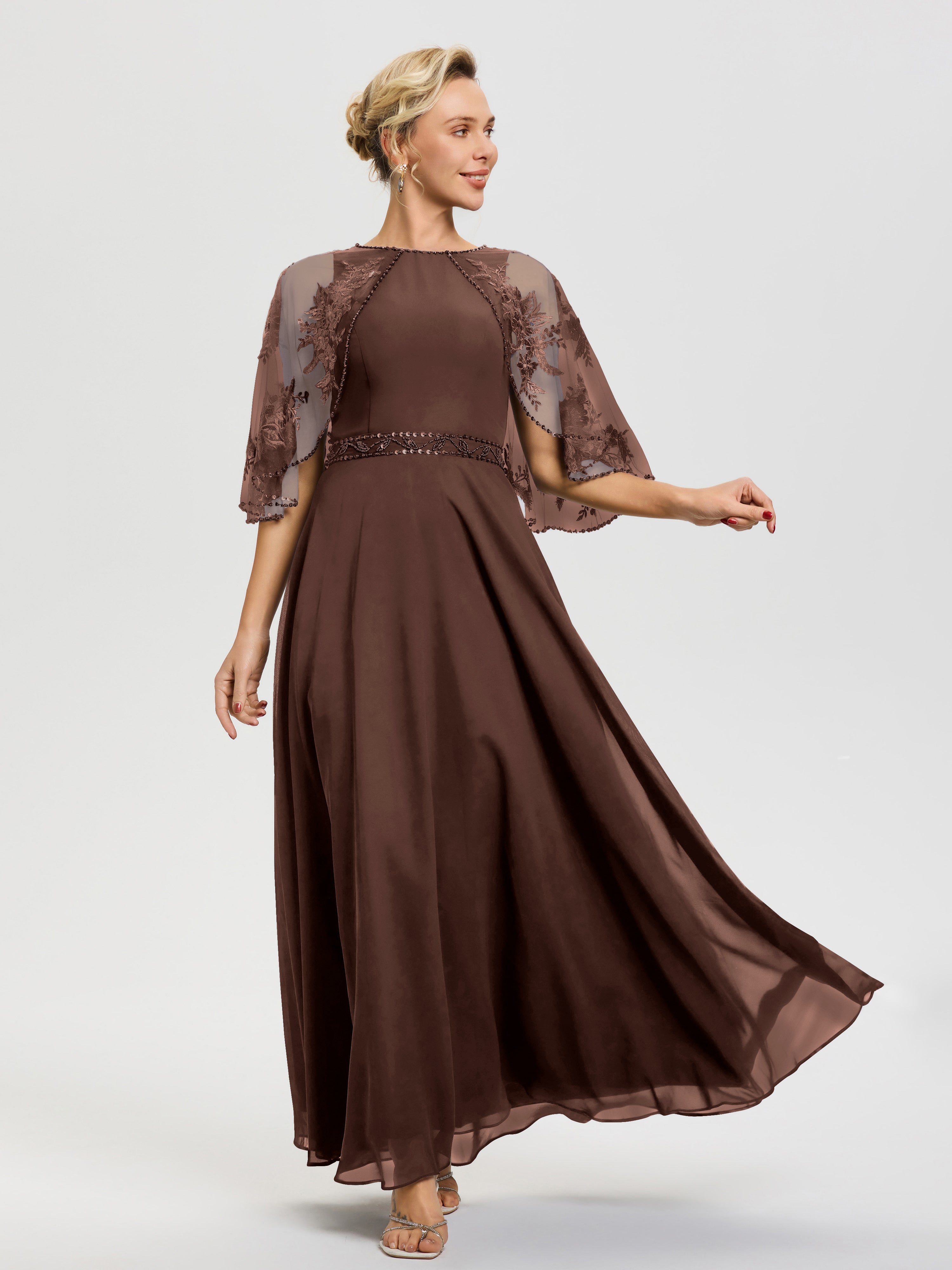 Robe Mère Du Marié Chocolat Mousseline & Dentelle Col Rond Robe De Cérémonie Mère De La Mariée