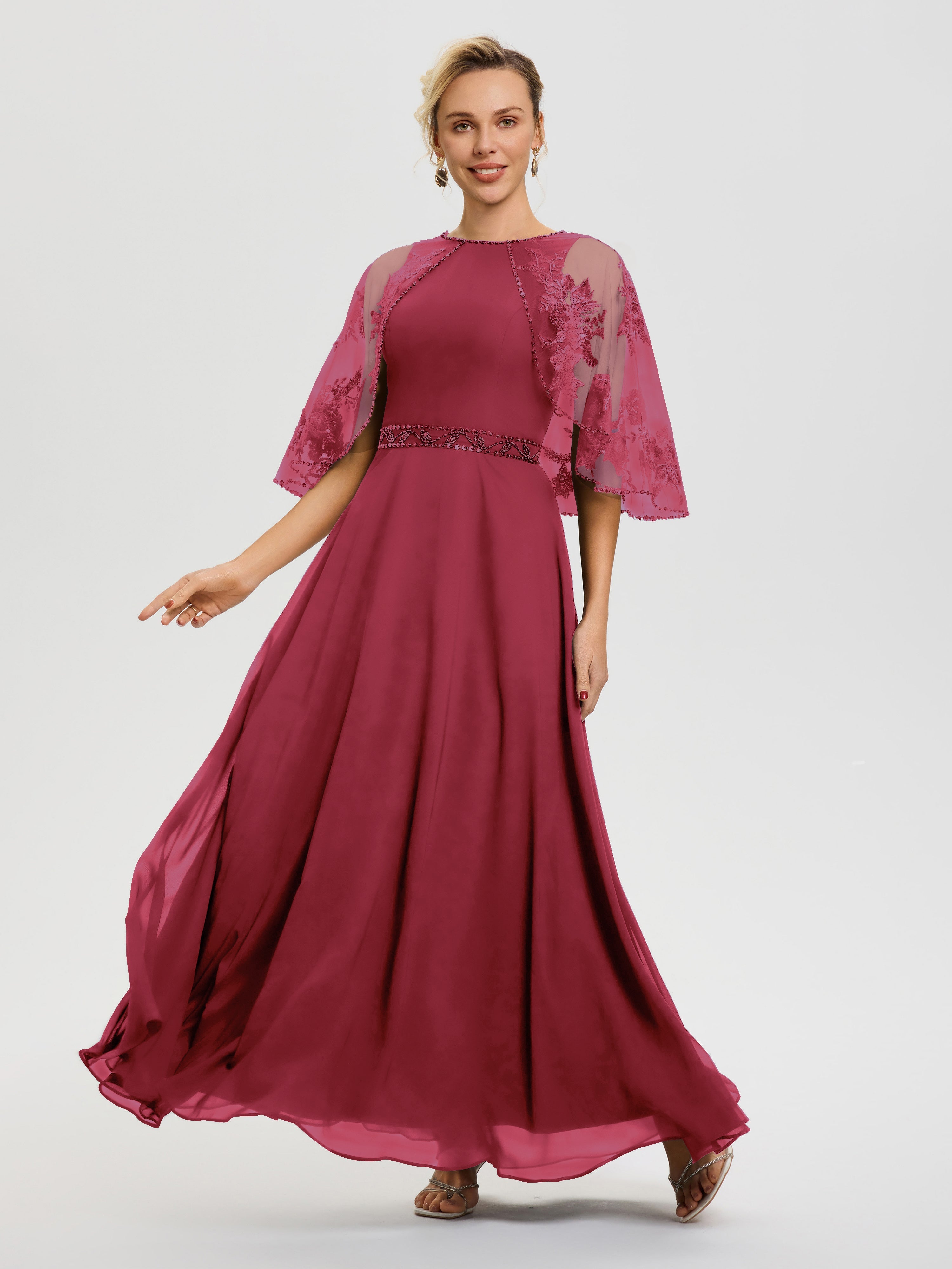 Robe Cérémonie Mère Du Marié Rose Cannelle Mousseline & Dentelle Col Rond Robe De Cérémonie Mère De La Mariée