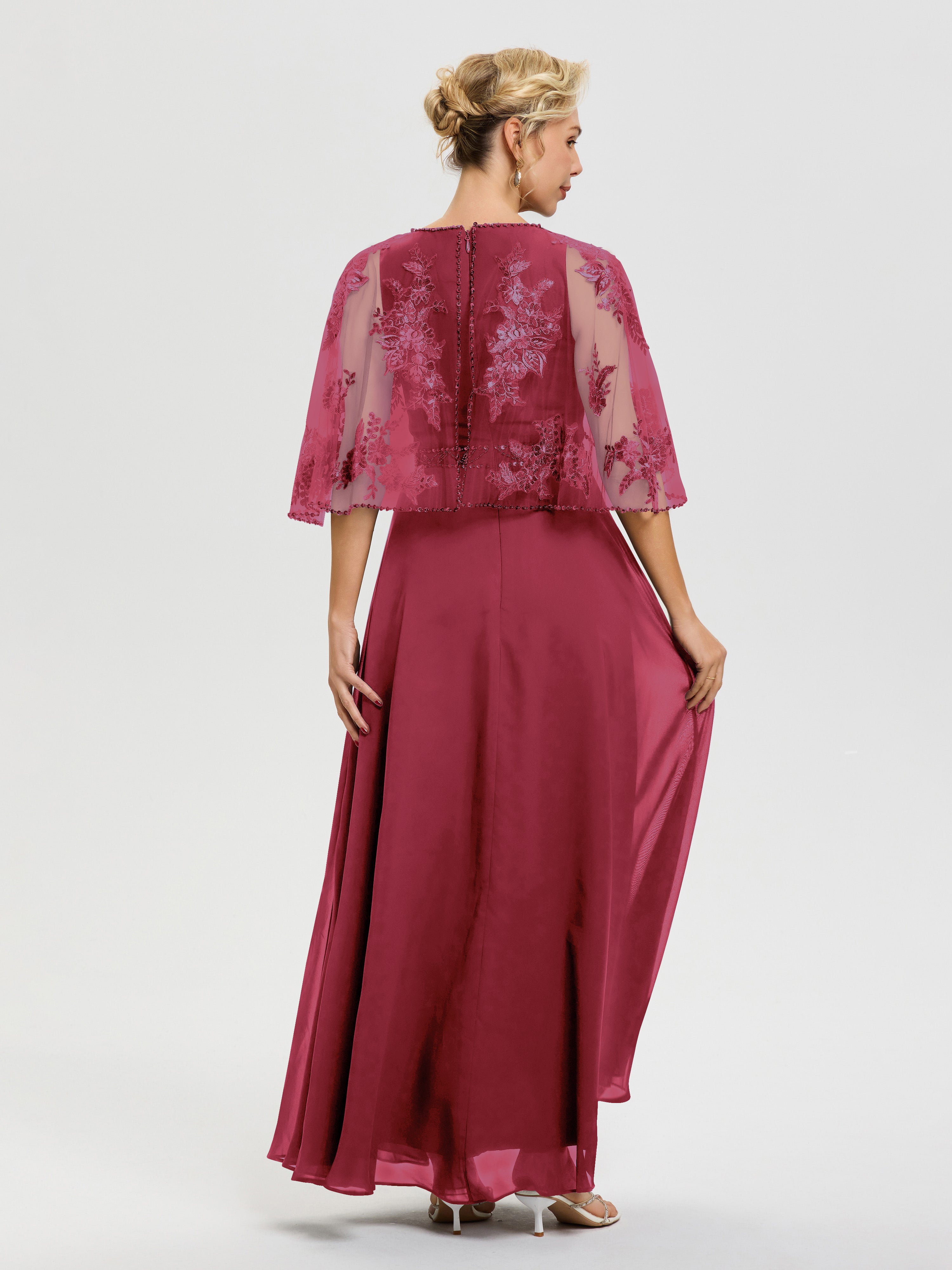 Robe Cérémonie Mère Du Marié Rose Cannelle Mousseline & Dentelle Col Rond Robe De Cérémonie Mère De La Mariée