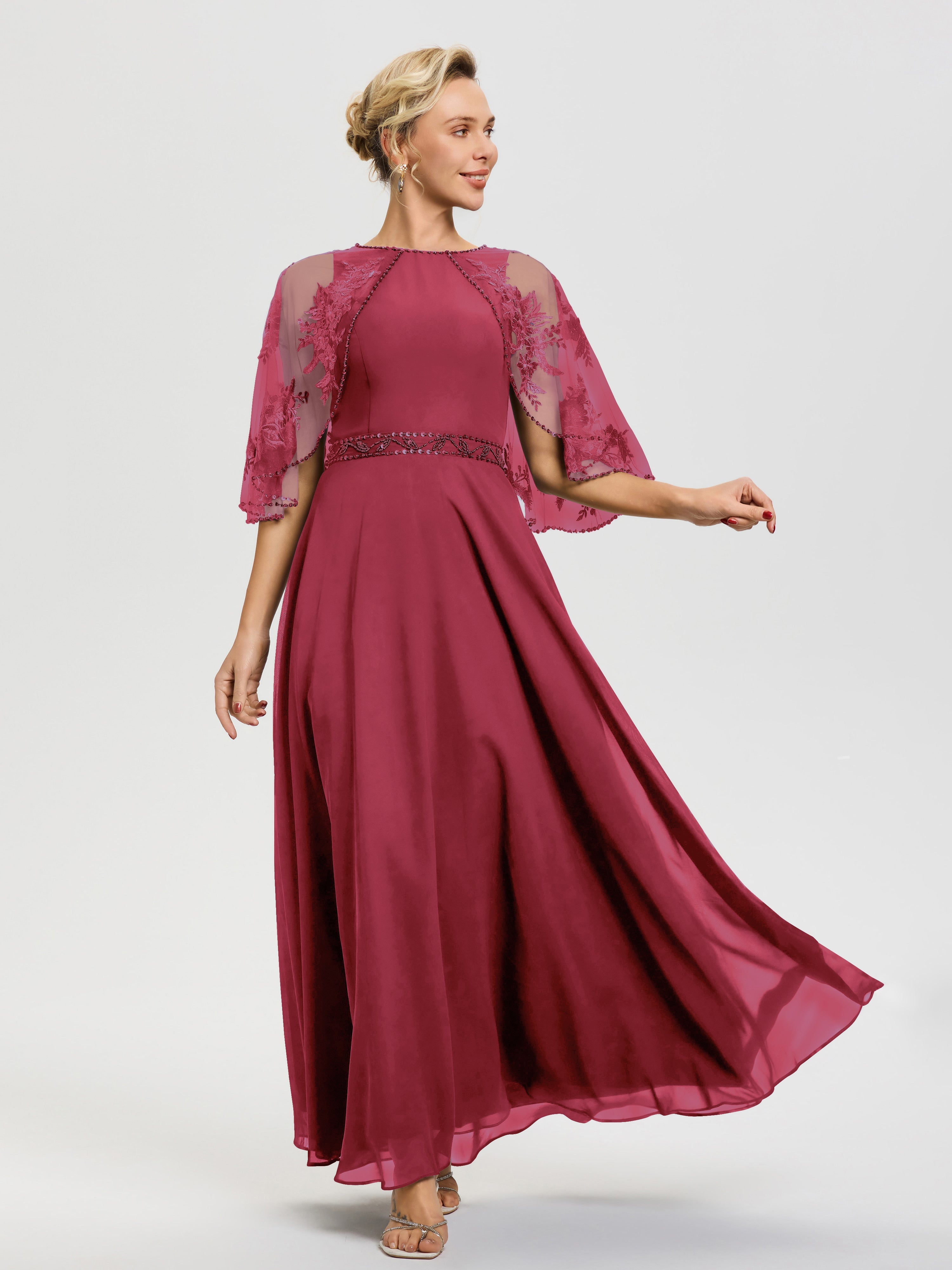 Robe Cérémonie Mère Du Marié Rose Cannelle Mousseline & Dentelle Col Rond Robe De Cérémonie Mère De La Mariée