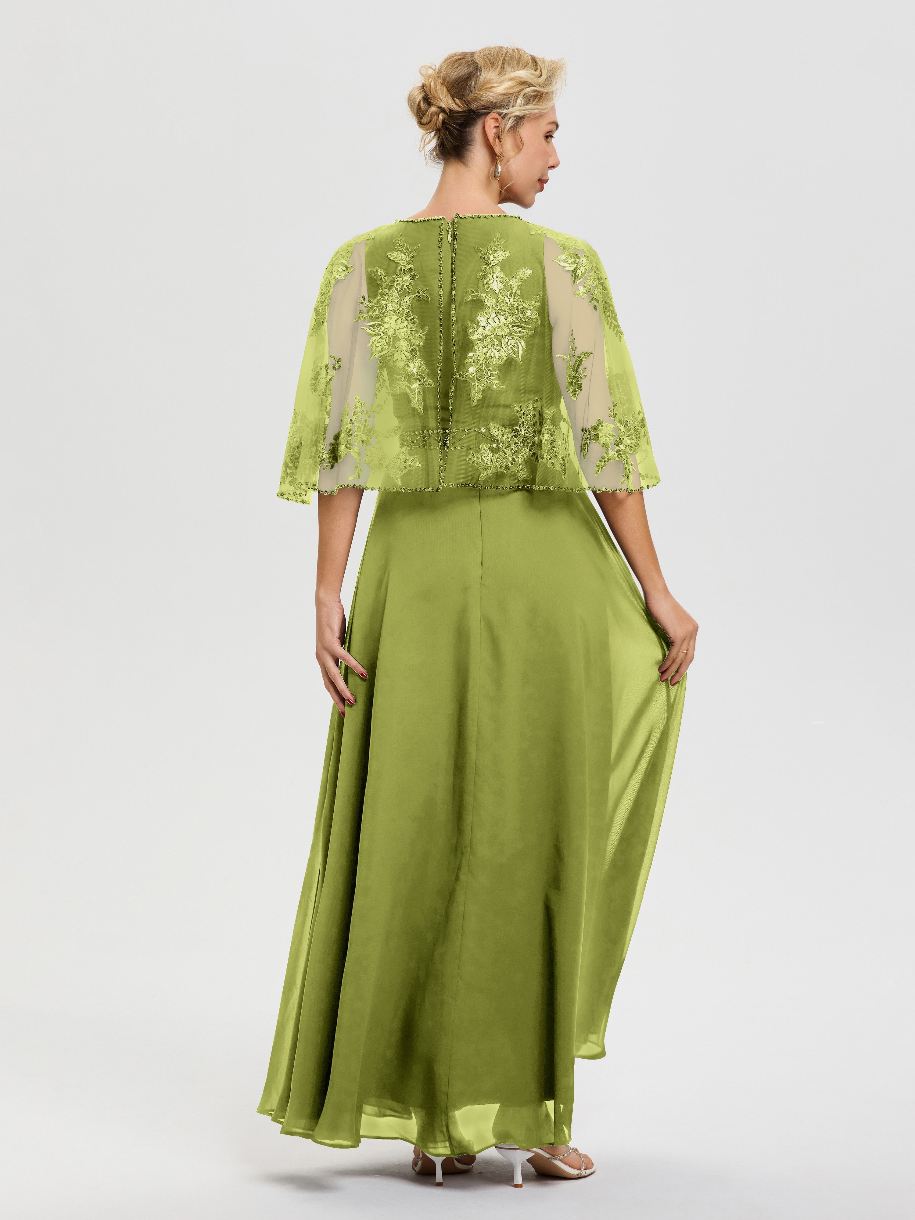 Robe Mère Marié Trèfle Mousseline & Dentelle Col Rond Robe De Cérémonie Mère De La Mariée